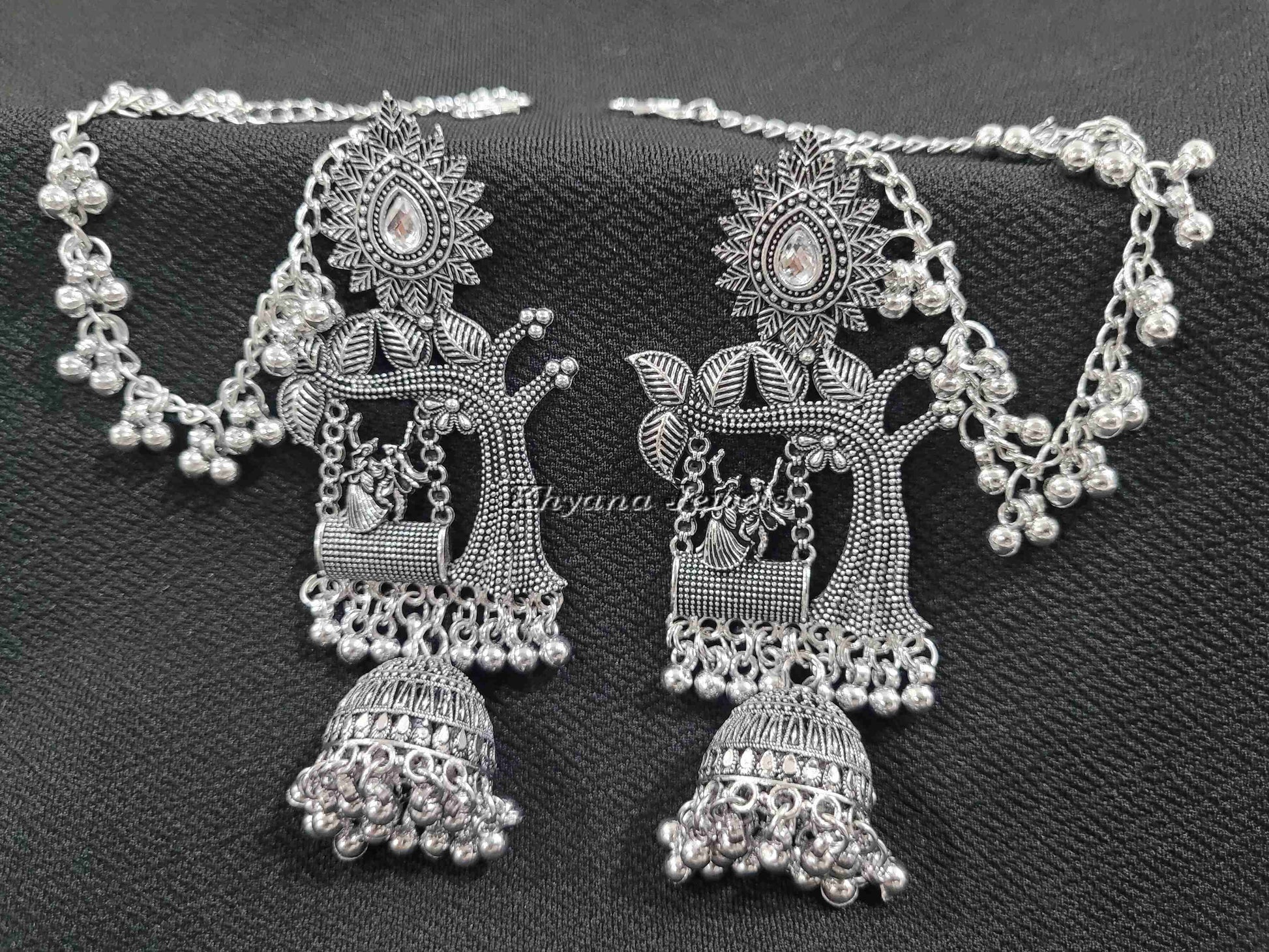 Oxidised Silver Long Earrings with Chain
