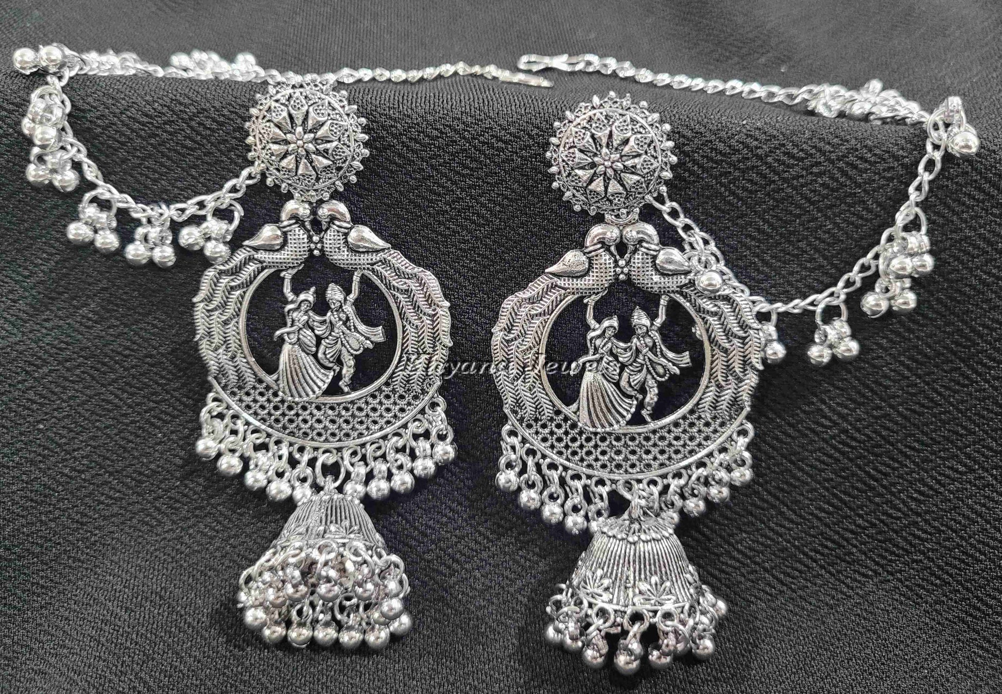 Oxidised silver long earring with chain