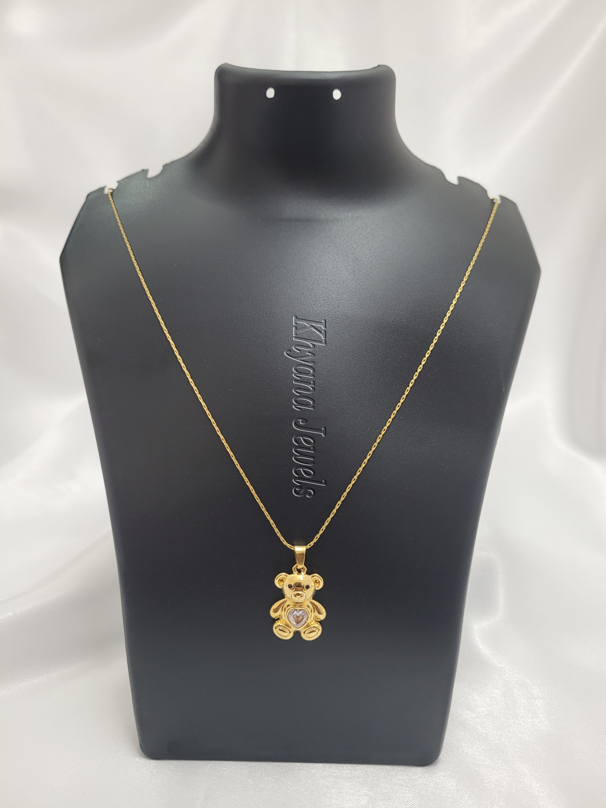 Gold Plated Teddy Charm Necklace with Crystal Belly