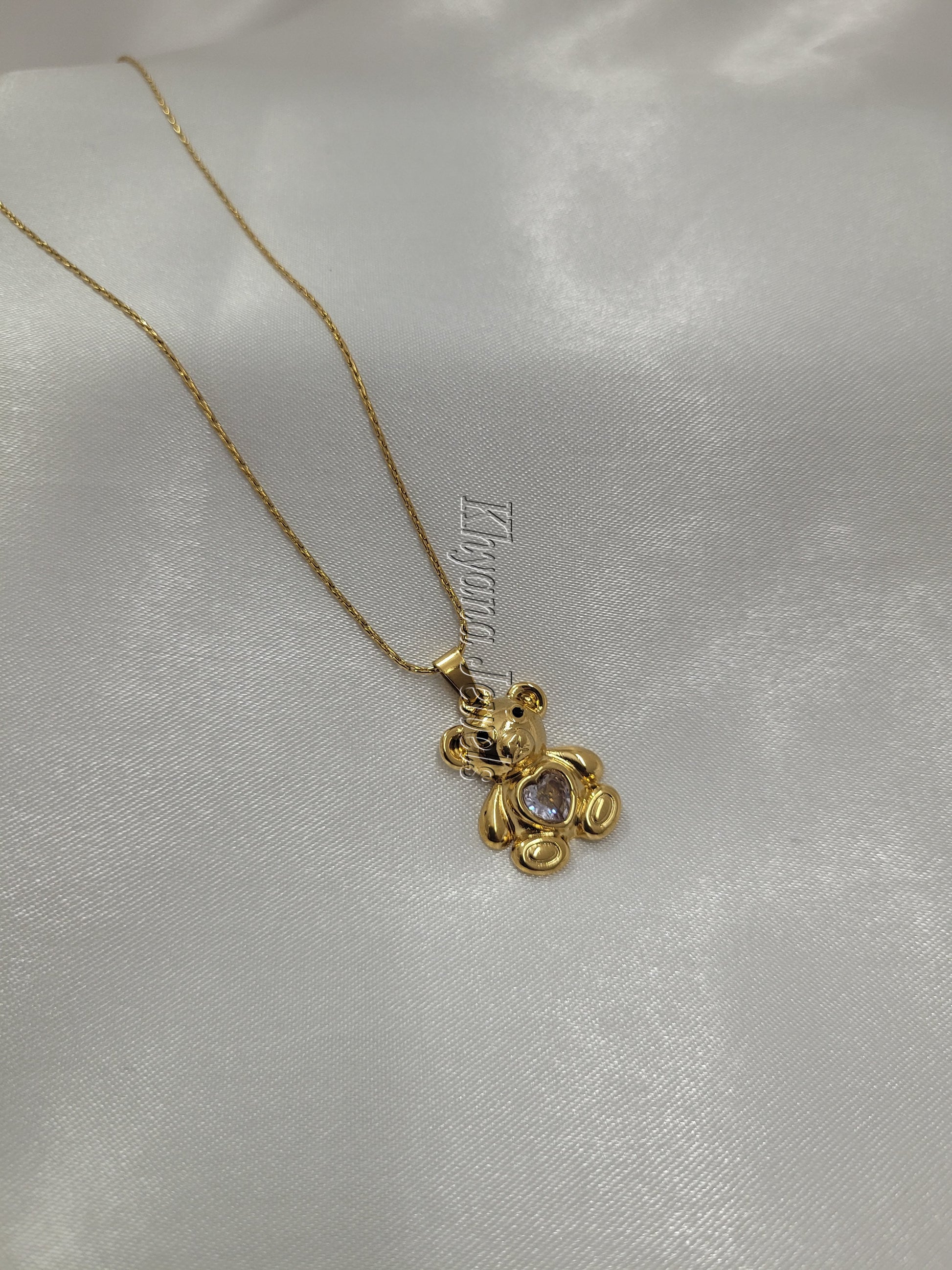 Gold Plated Teddy Charm Necklace with Crystal Belly