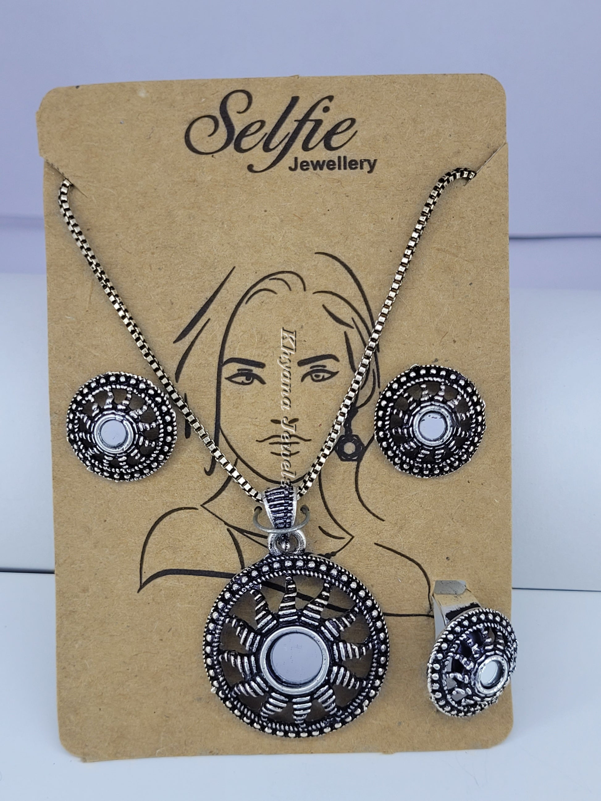 Oxidised Silver Sunburst Jewellery Set – Necklace, Earrings & Ring