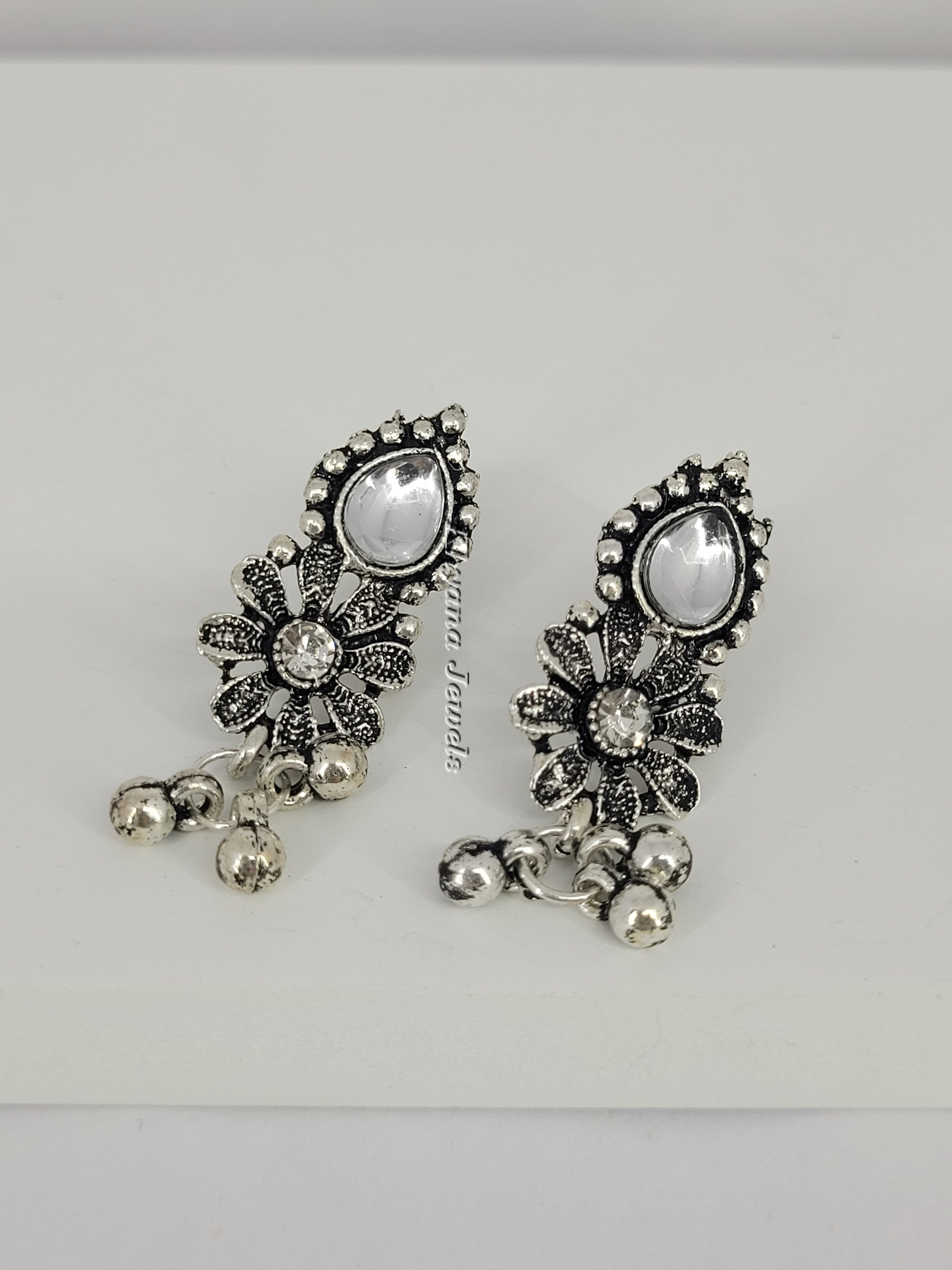 Oxidised Silver Floral Mirror Earring Set
