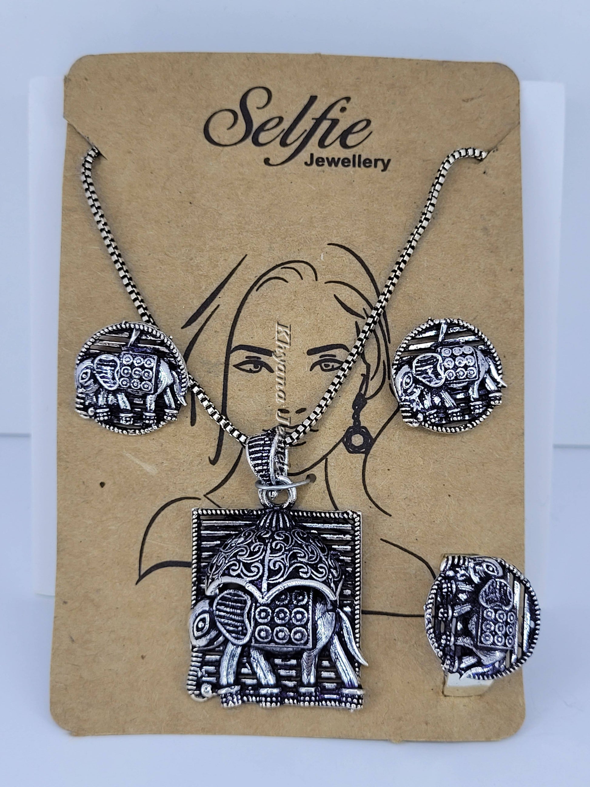 Oxidised Silver Elephant Design Jewellery Set