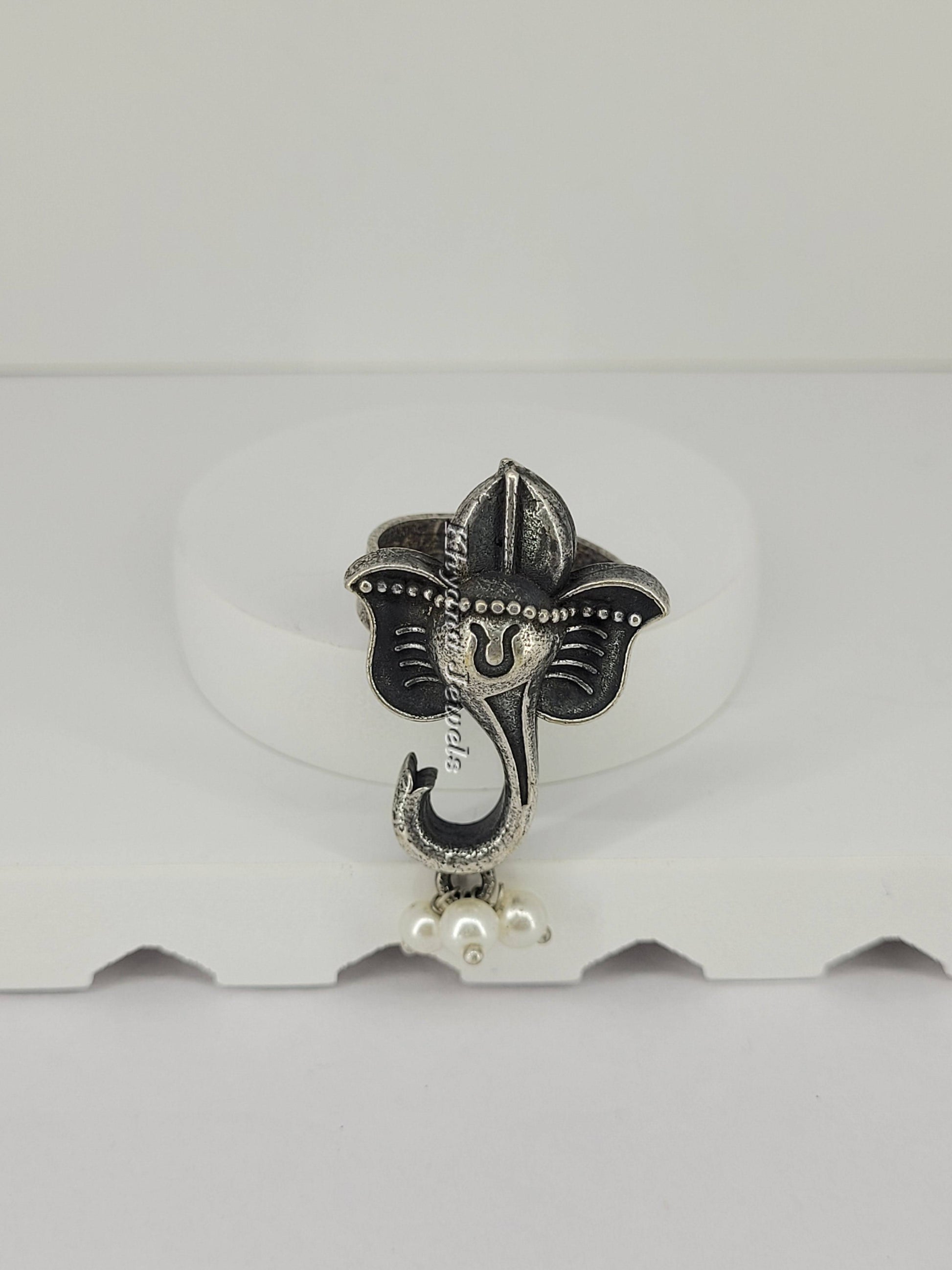 Oxidised Silver Ganesha Ring with Pearl Drops