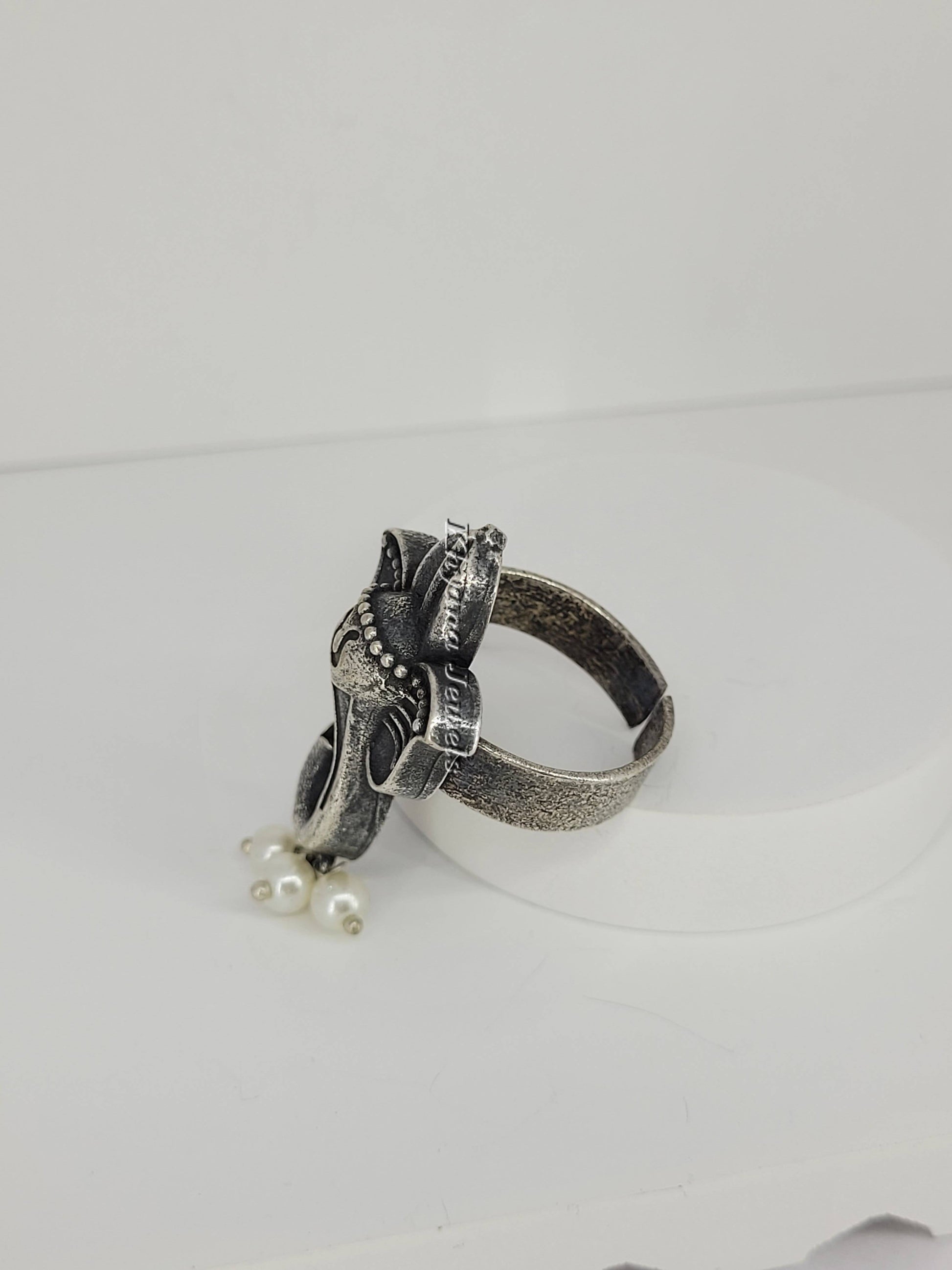 Oxidised Silver Ganesha Ring with Pearl Drops