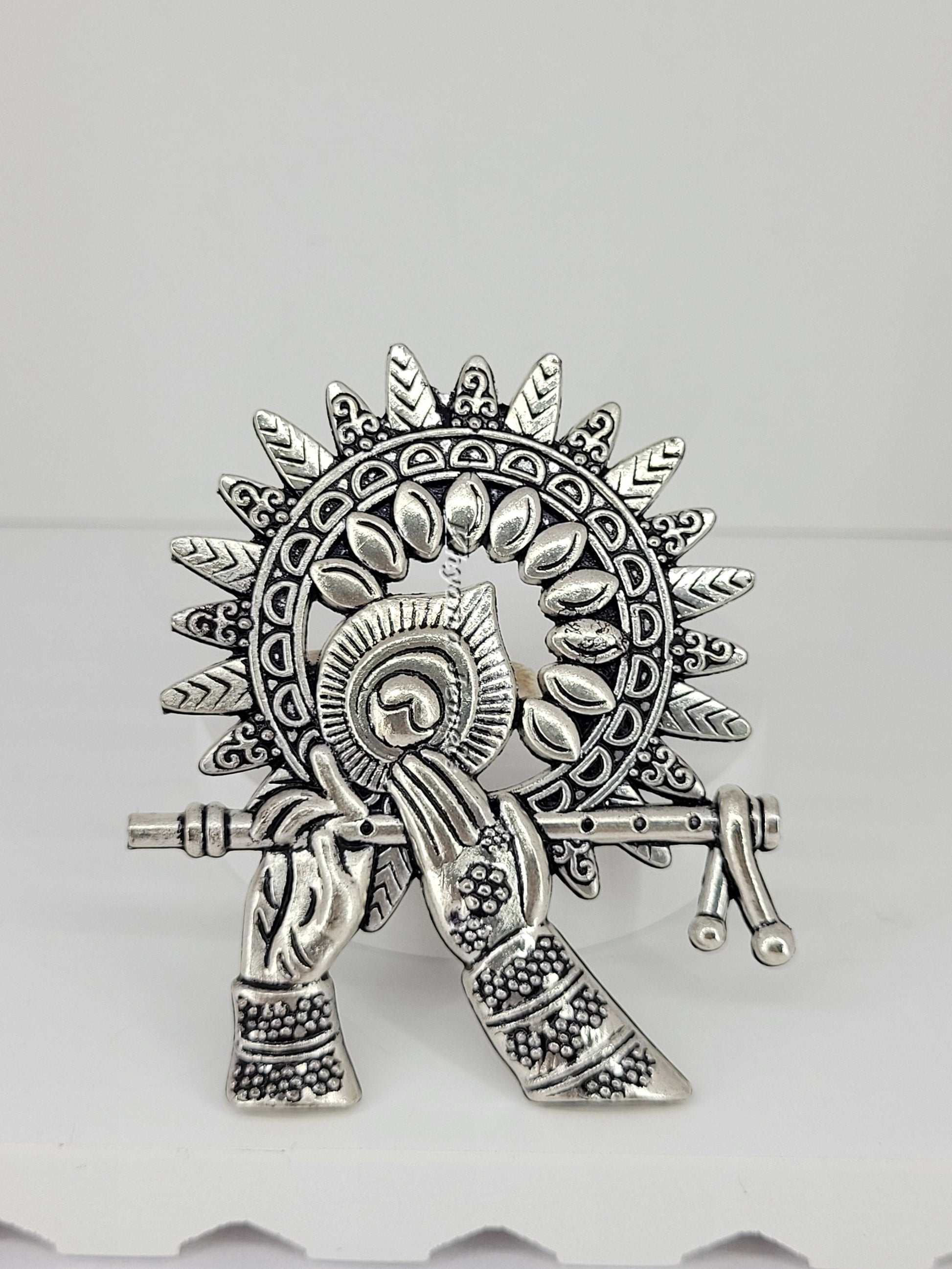 Oxidised Silver Krishna Flute Ring