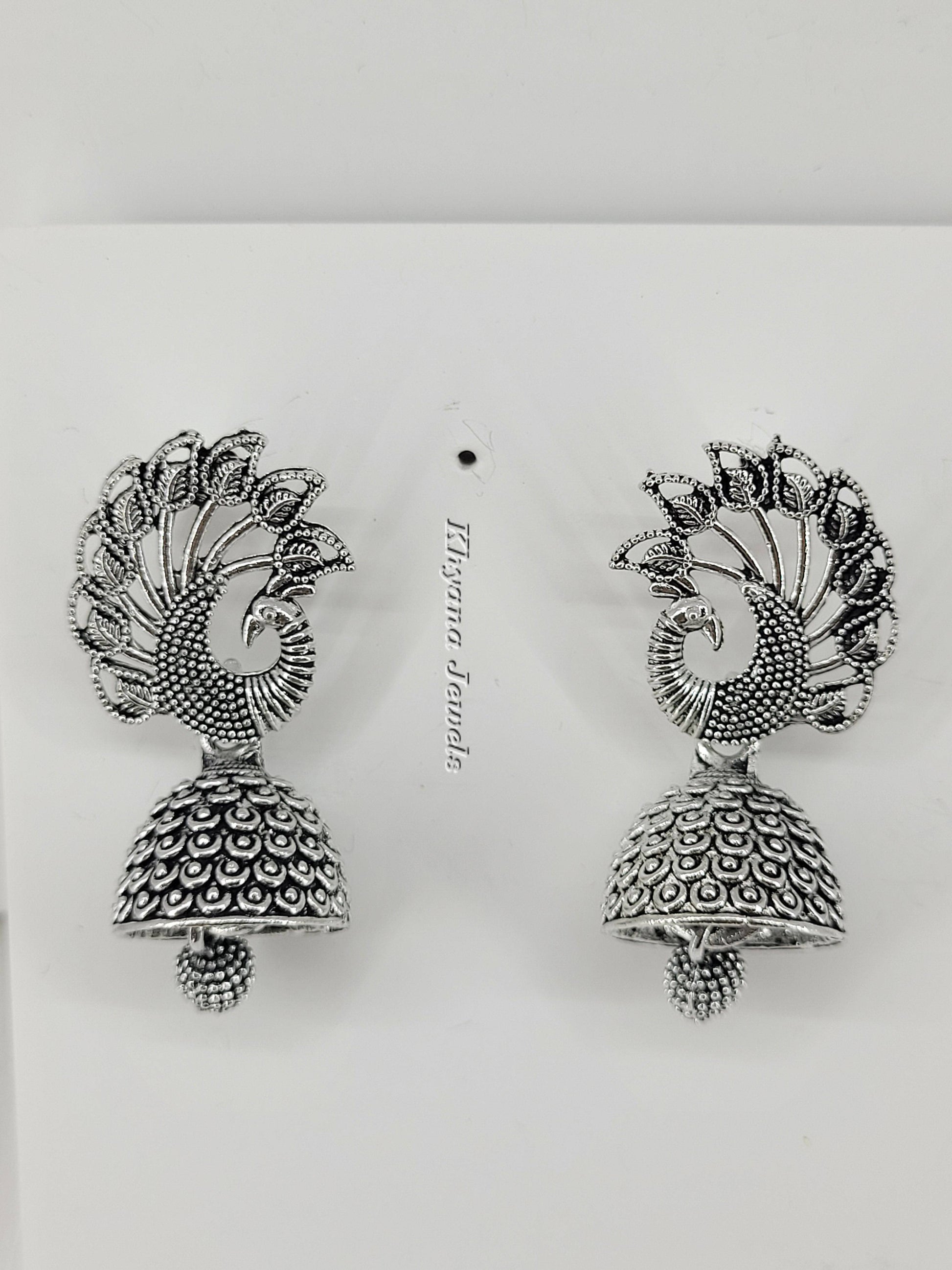 Oxidised Silver Peacock Jhumka Earrings