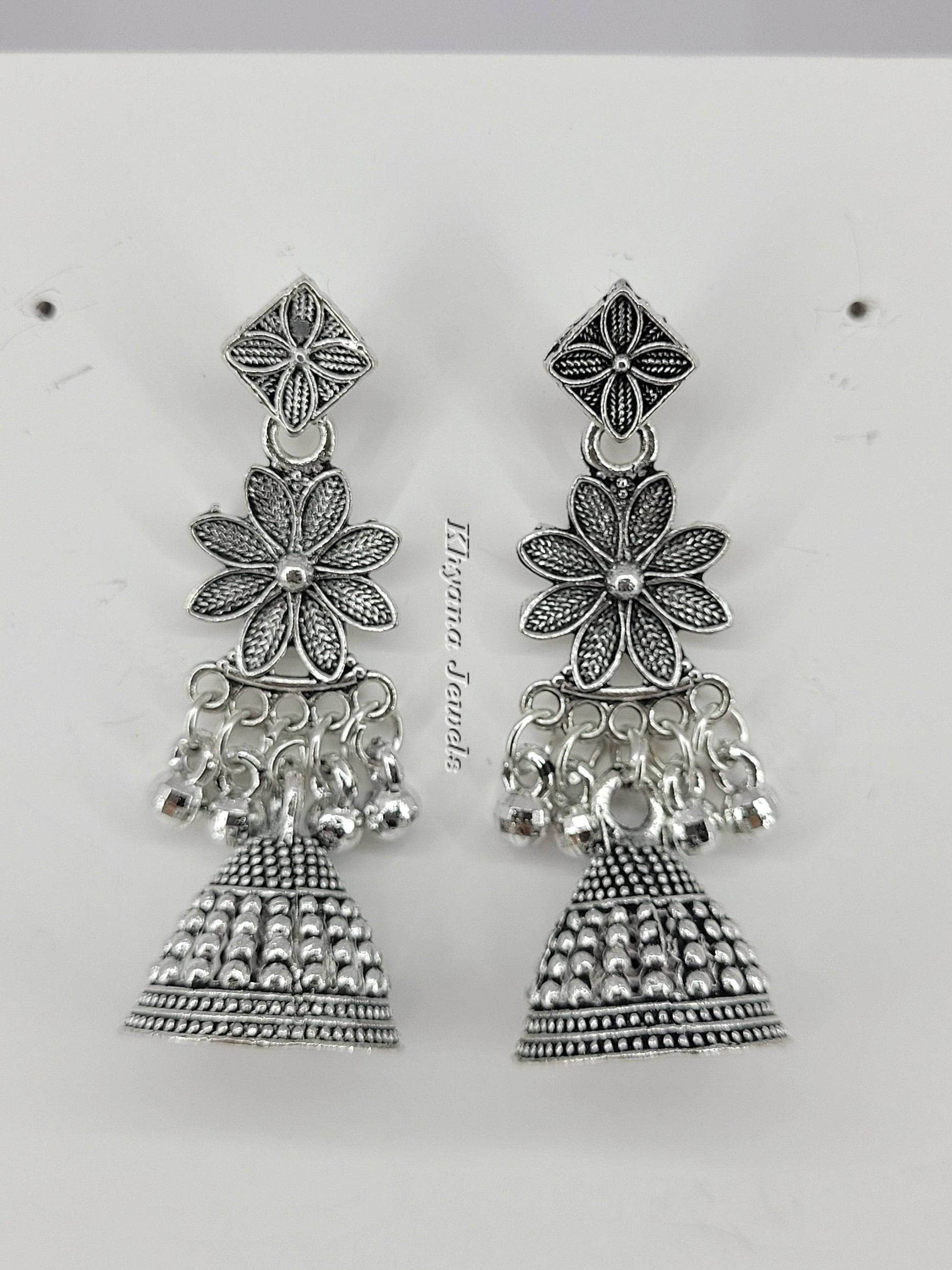 Oxidised Silver Floral Jhumka Earrings with Ghungroo Beads