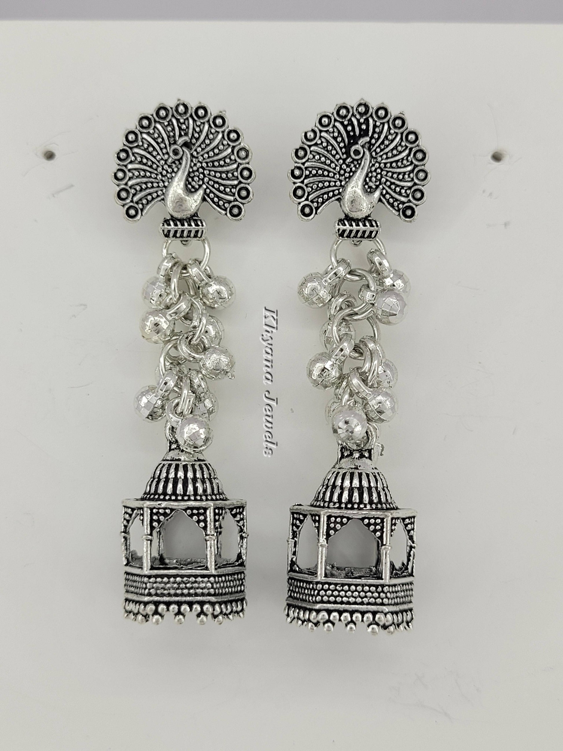 Oxidised Silver Peacock Dome Jhumka Earrings