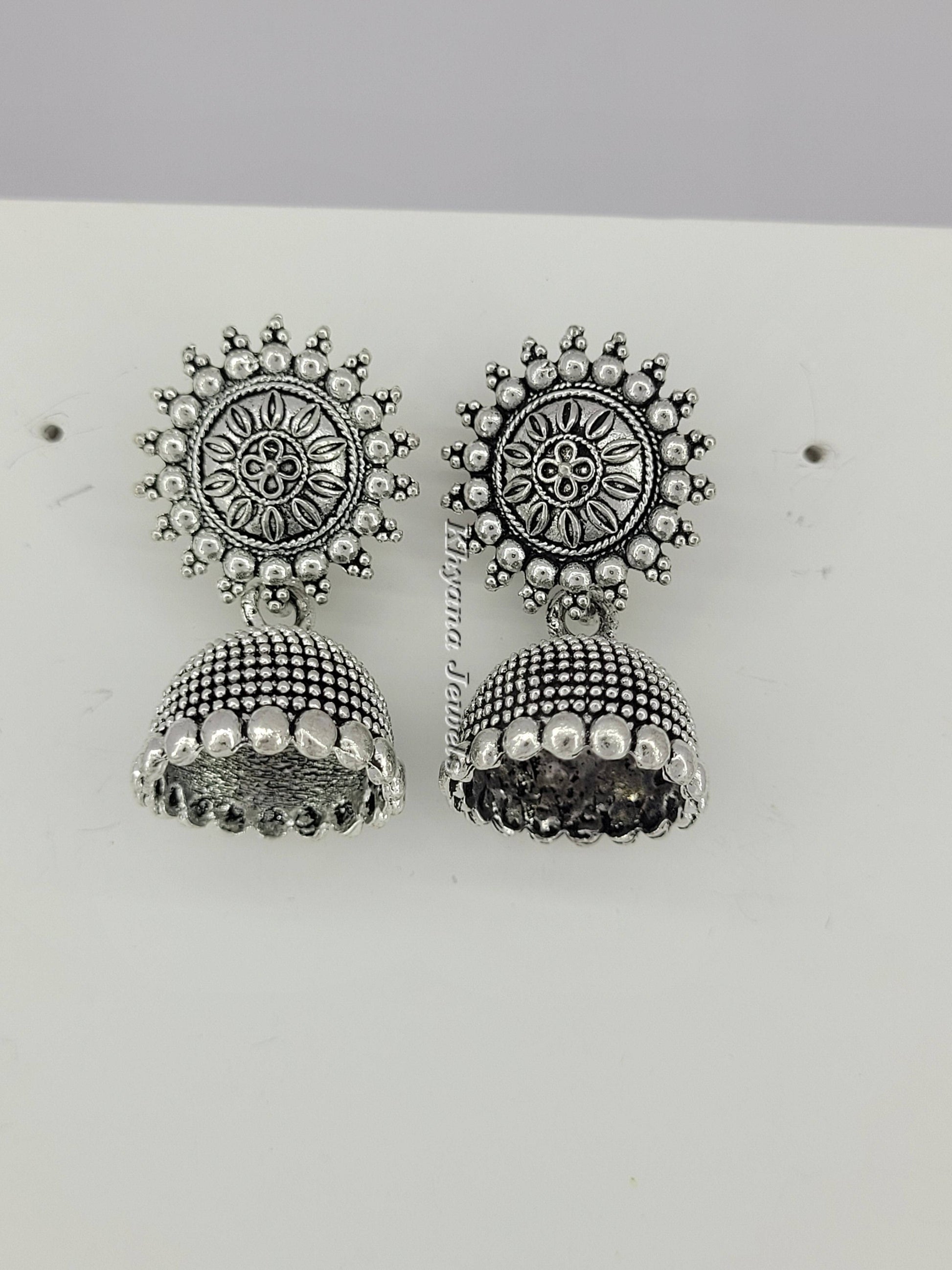 Oxidised Silver Sunburst Round Jhumka Earrings