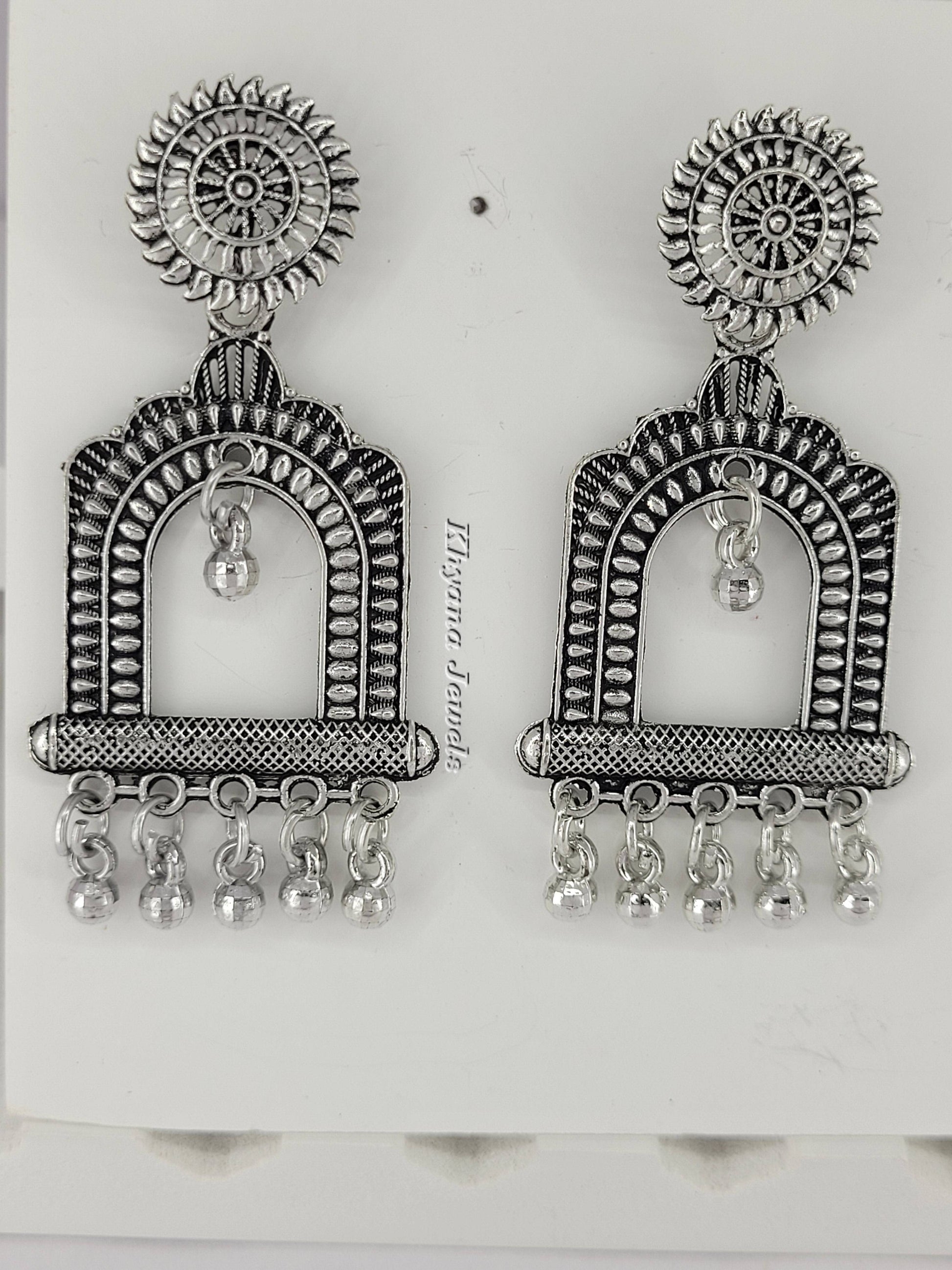 Oxidised Silver Arch Temple Earrings with Ghungroo Drops