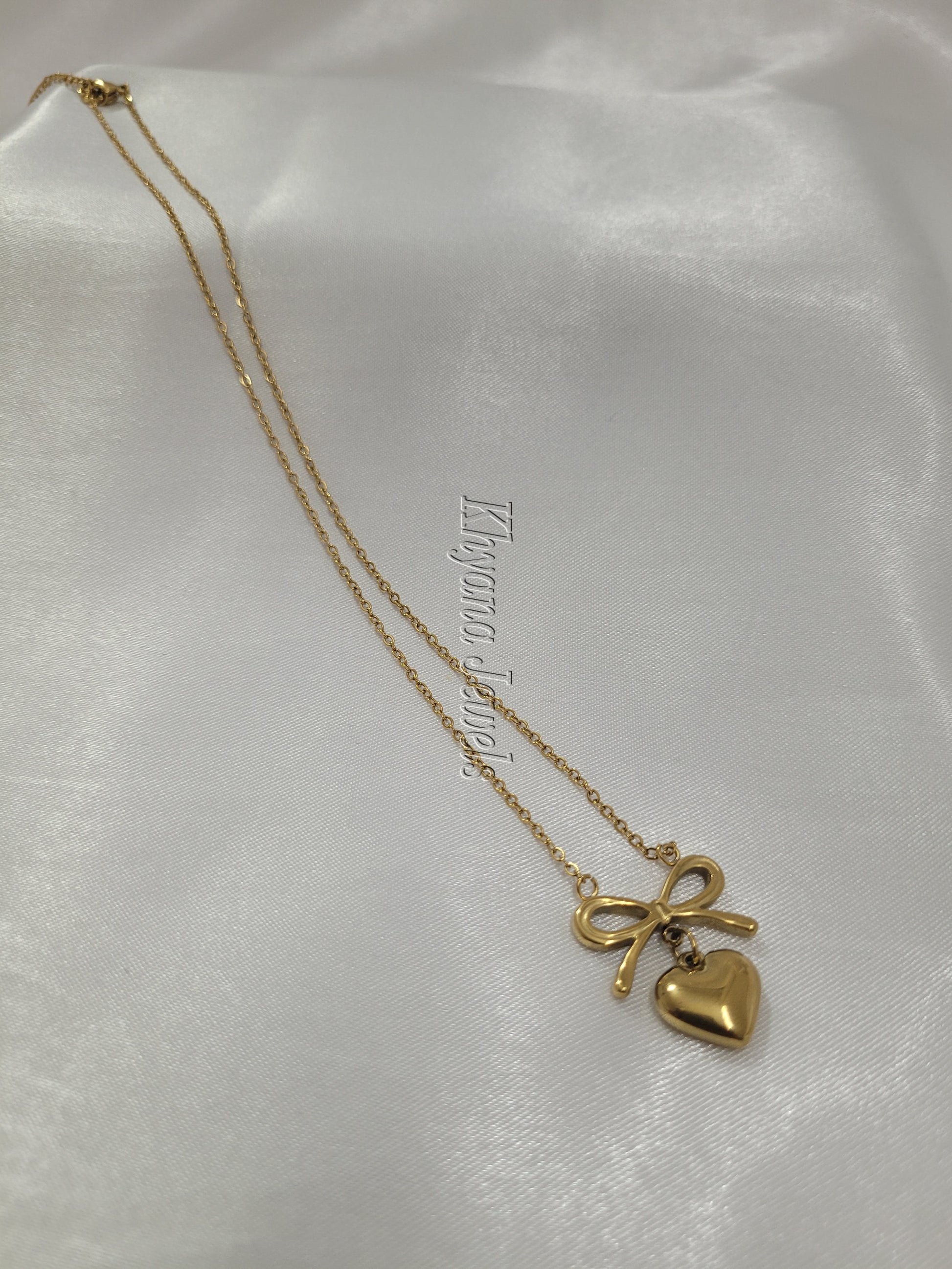 Gold Plated Heart Bow Pendant Necklace