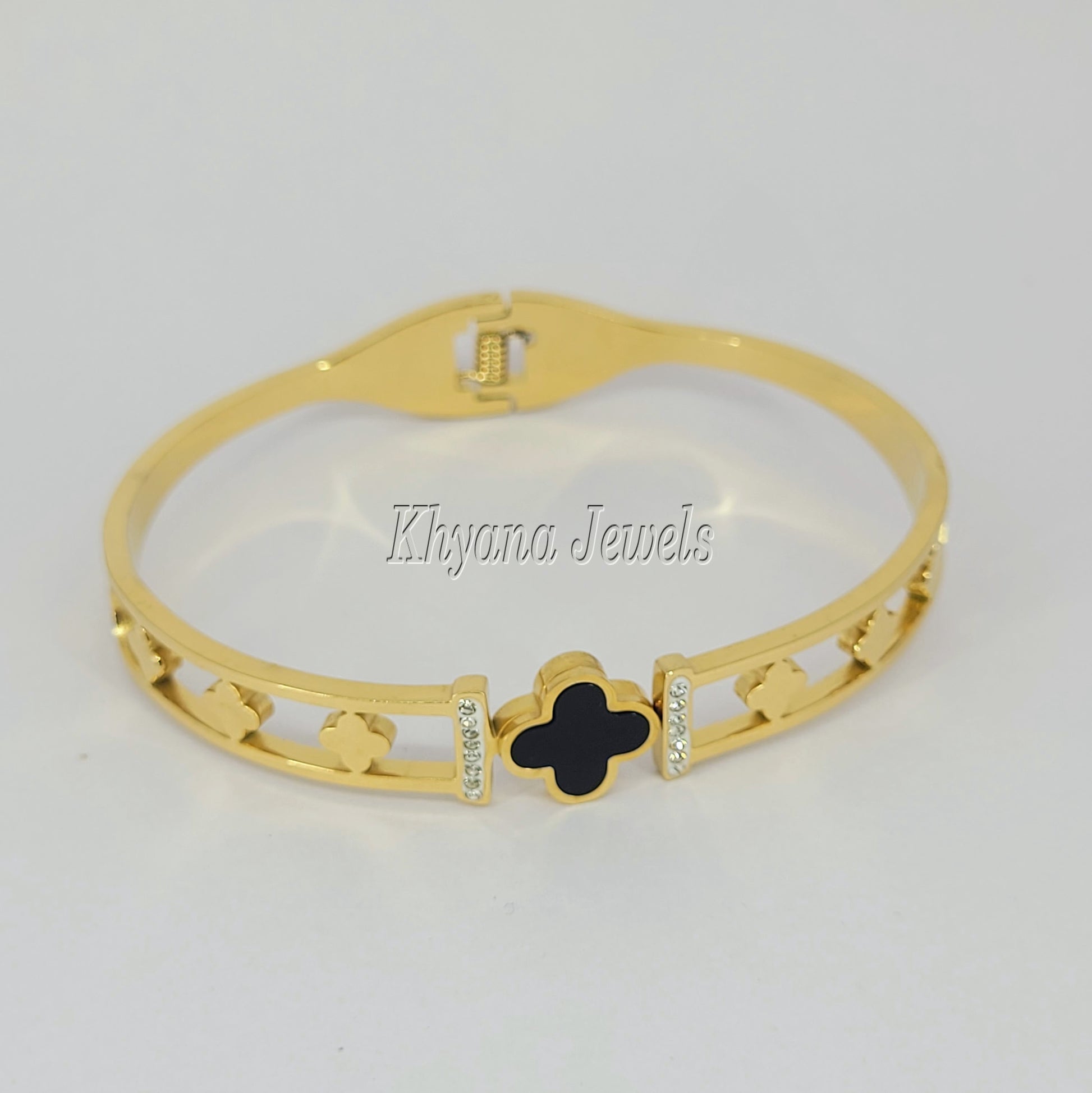 Clover Charm Kada – Anti-Tarnish Gold Plated Bracelet with CZ Accents