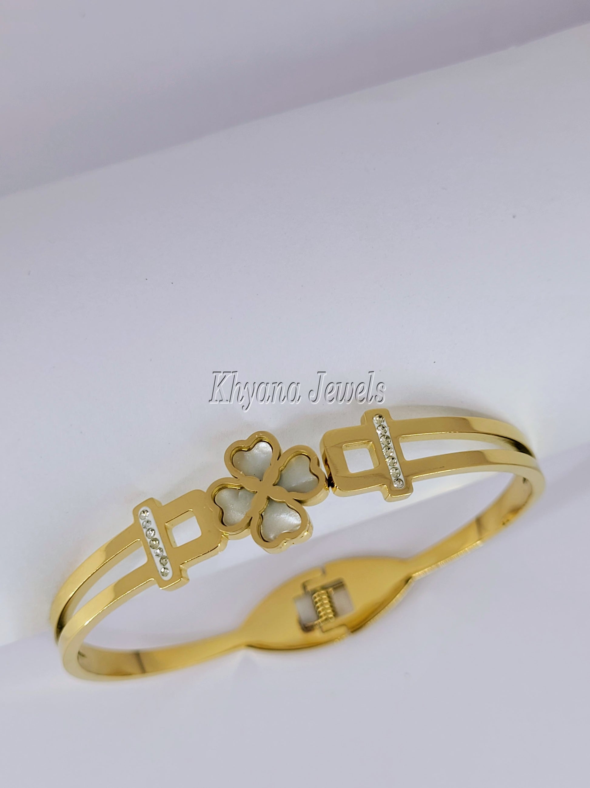 Gold Plated White Clover Heart Kada - Bracelet with Crystal Accents