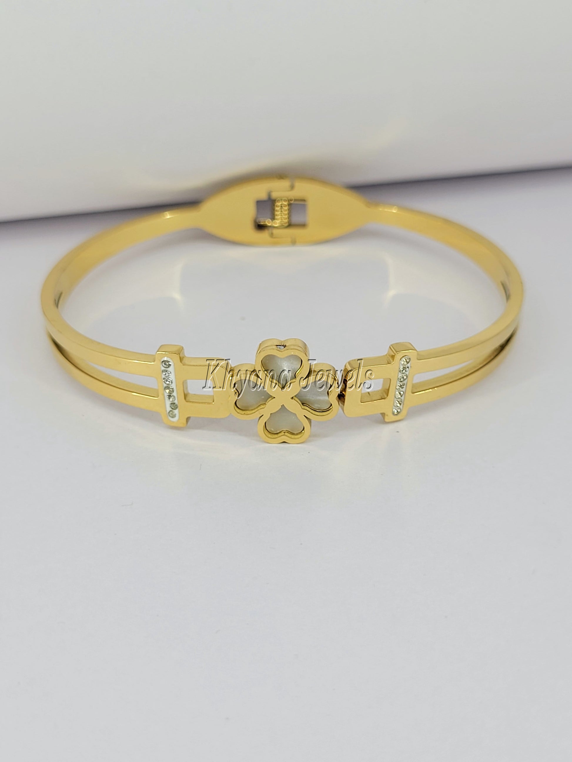 Gold Plated White Clover Heart Kada - Bracelet with Crystal Accents
