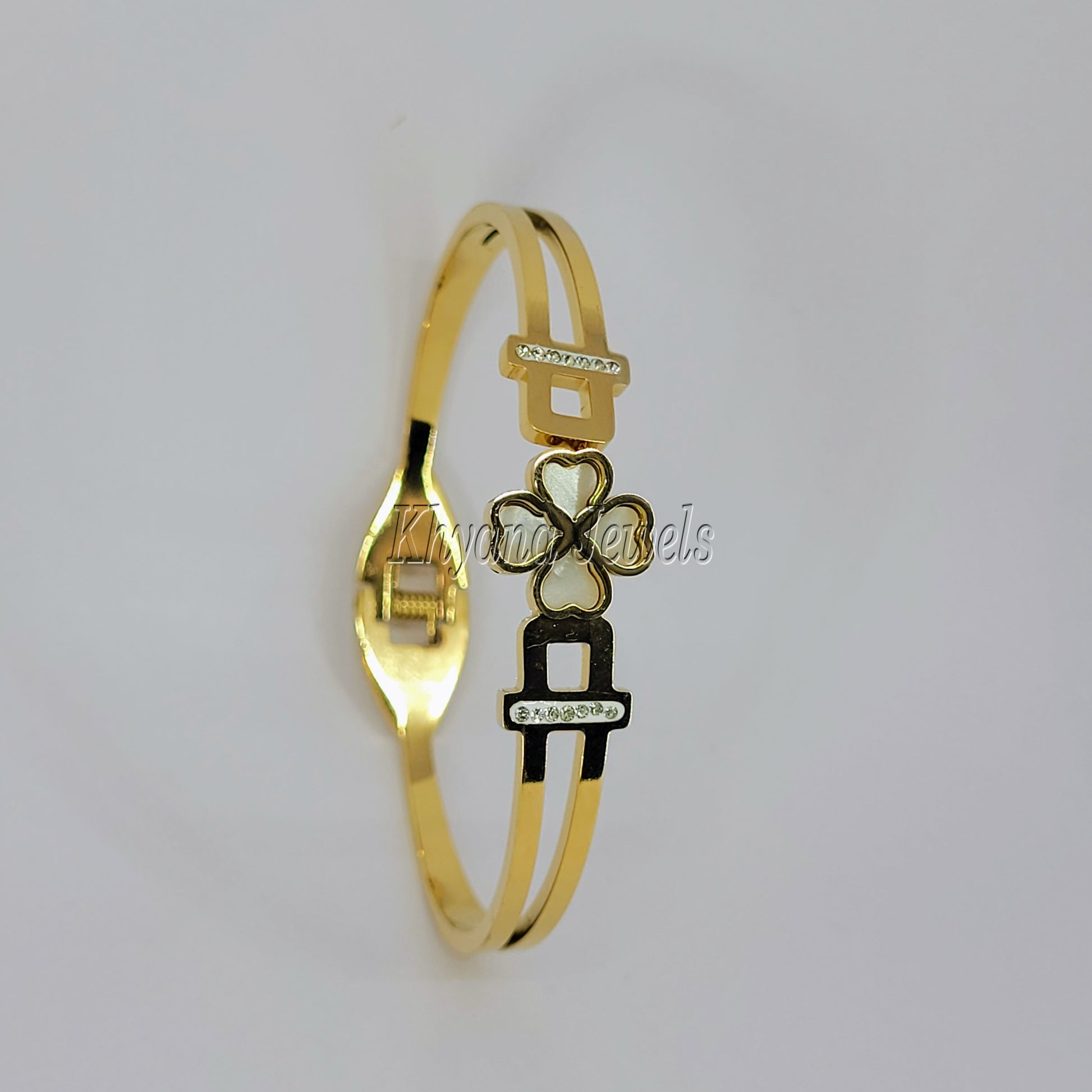Gold Plated White Clover Heart Kada - Bracelet with Crystal Accents