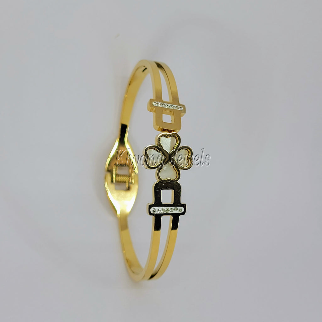 Gold Plated White Clover Heart Kada - Bracelet with Crystal Accents