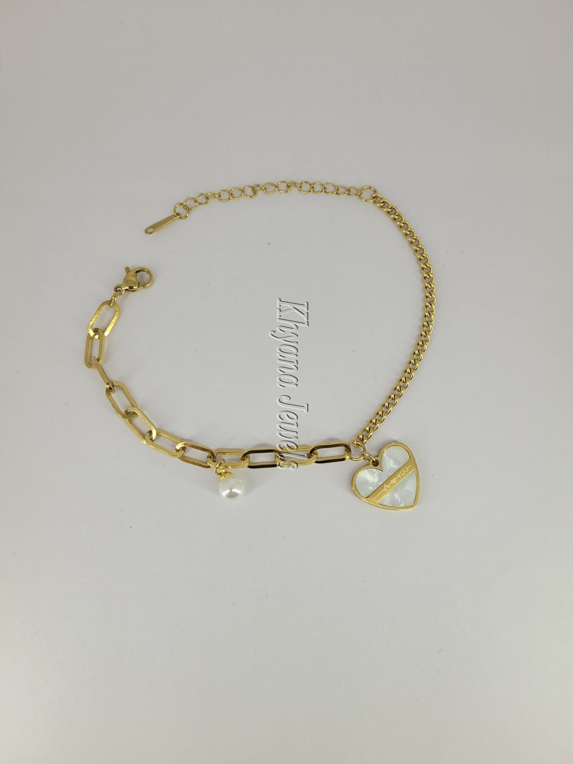 Heart Charm Gold Plated Bracelet with Pearl Accent