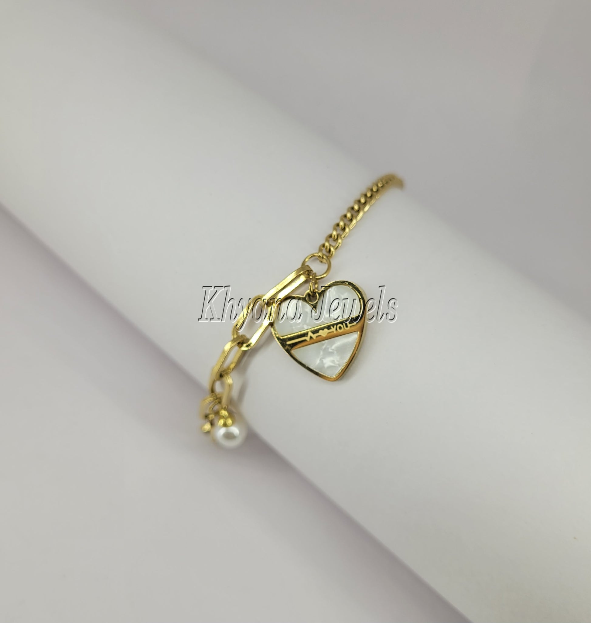Heart Charm Gold Plated Bracelet with Pearl Accent