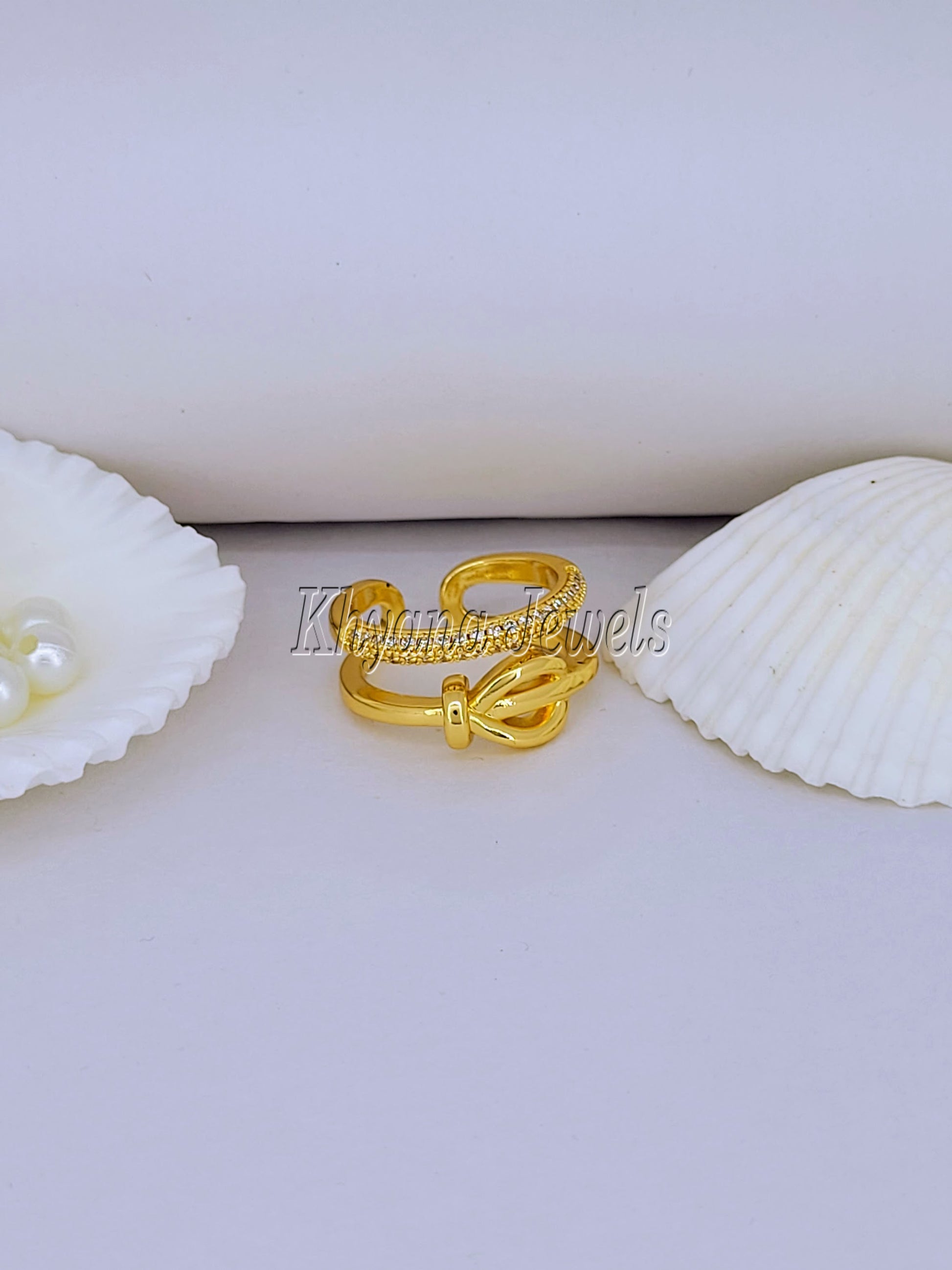 Gold Plated Buckle Design Adjustable CZ Ring