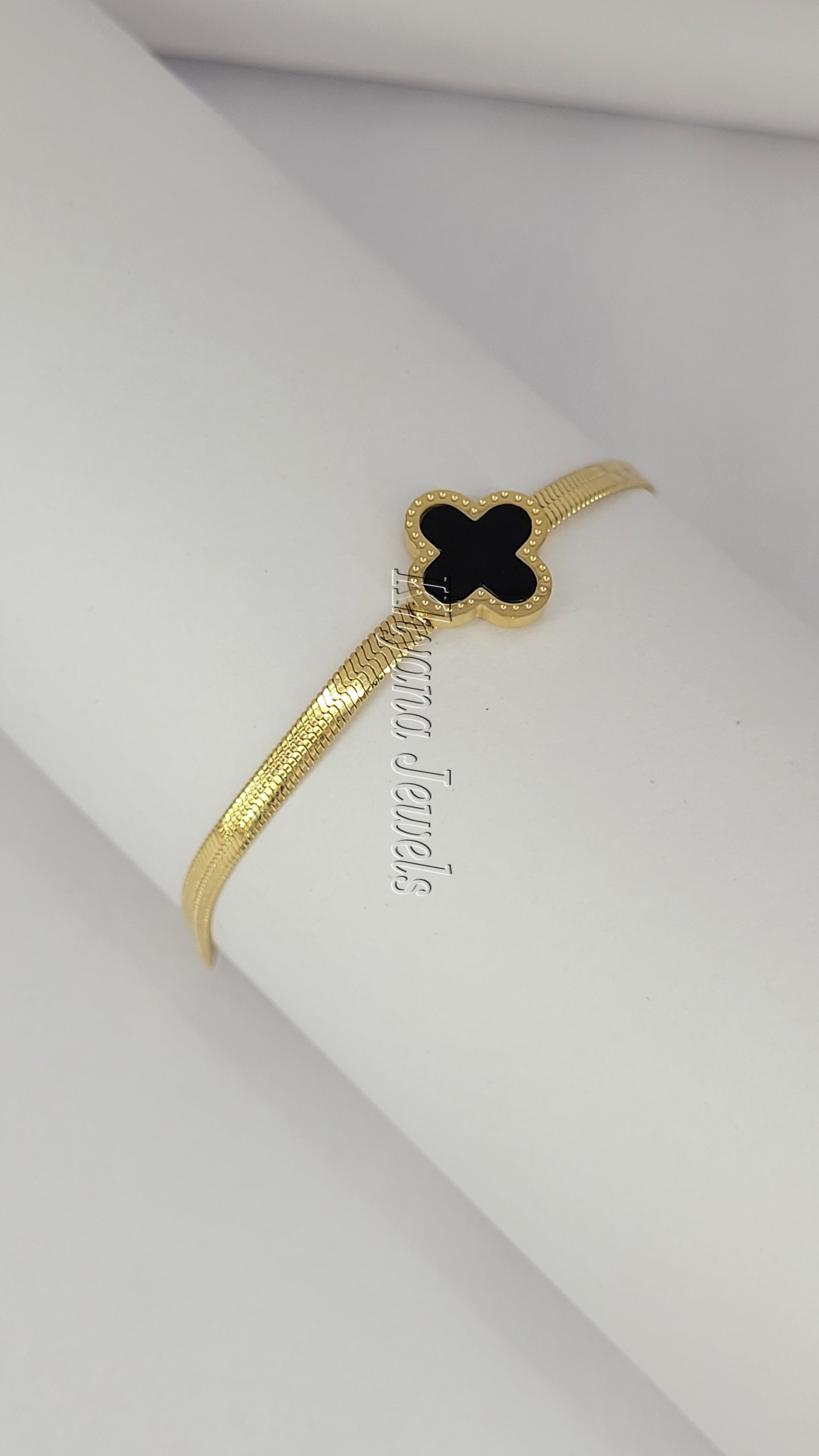 Black Clover Charm Gold Plated Flat Chain Bracelet