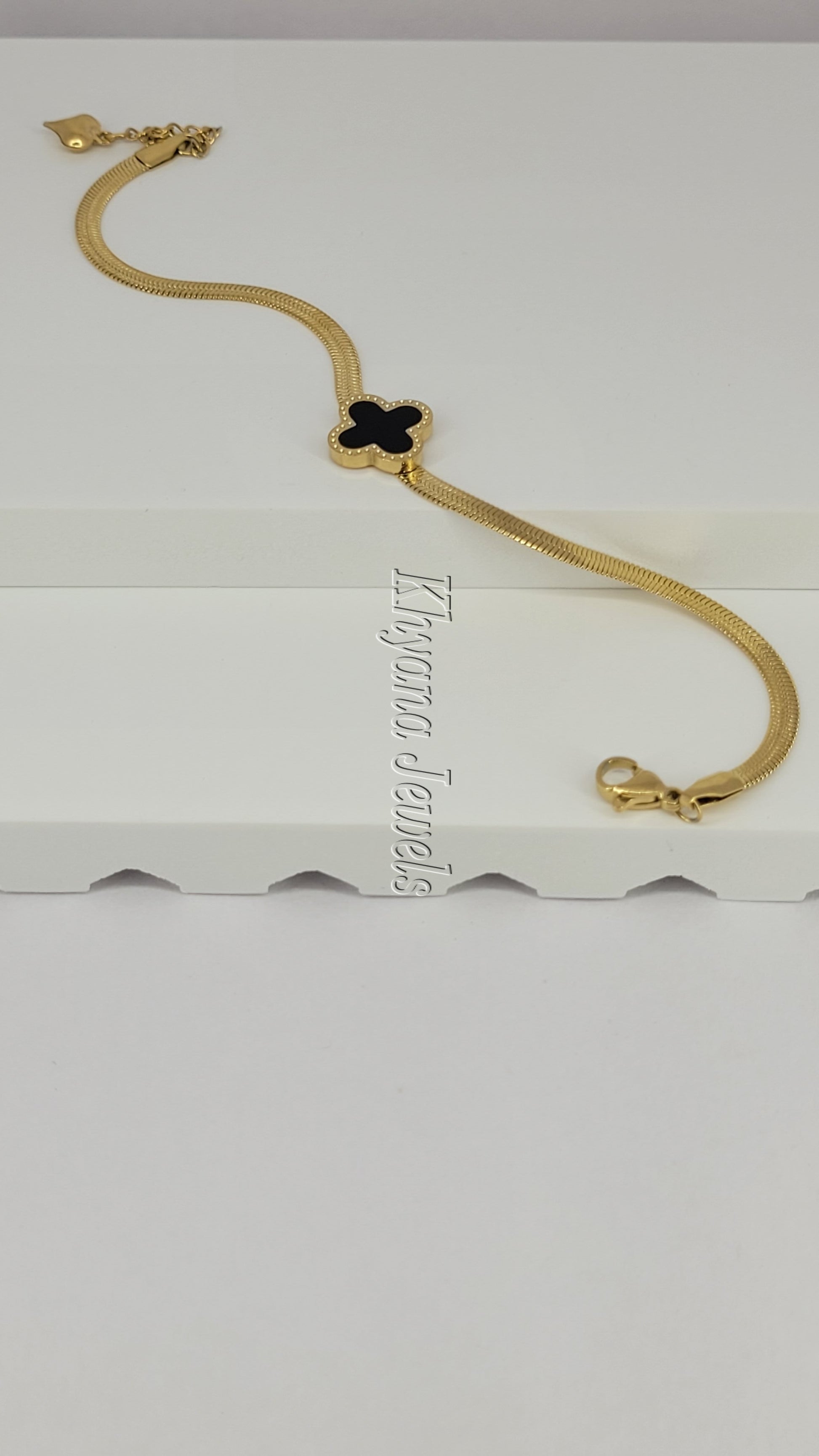 Black Clover Charm Gold Plated Flat Chain Bracelet