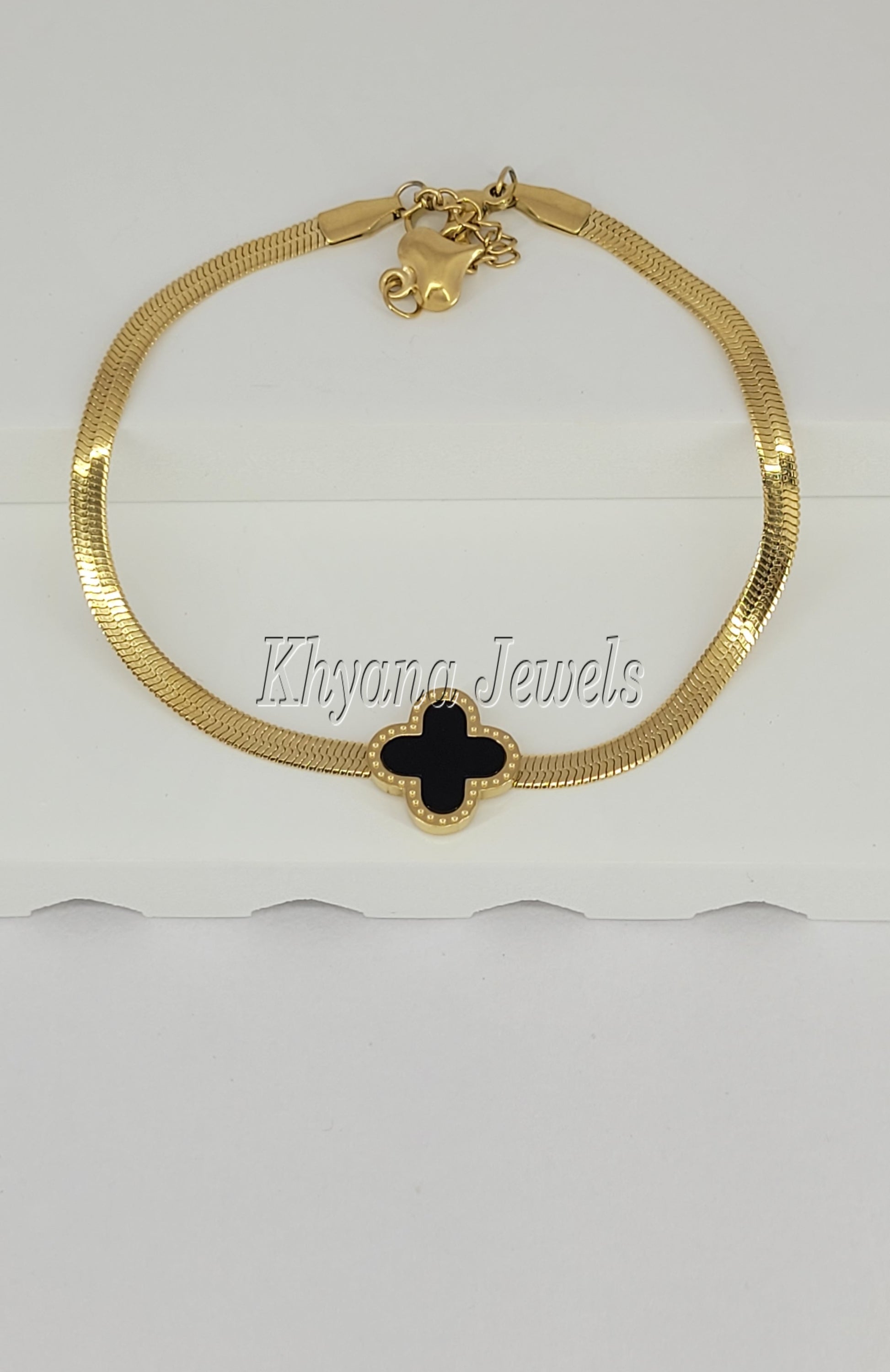 Black Clover Charm Gold Plated Flat Chain Bracelet