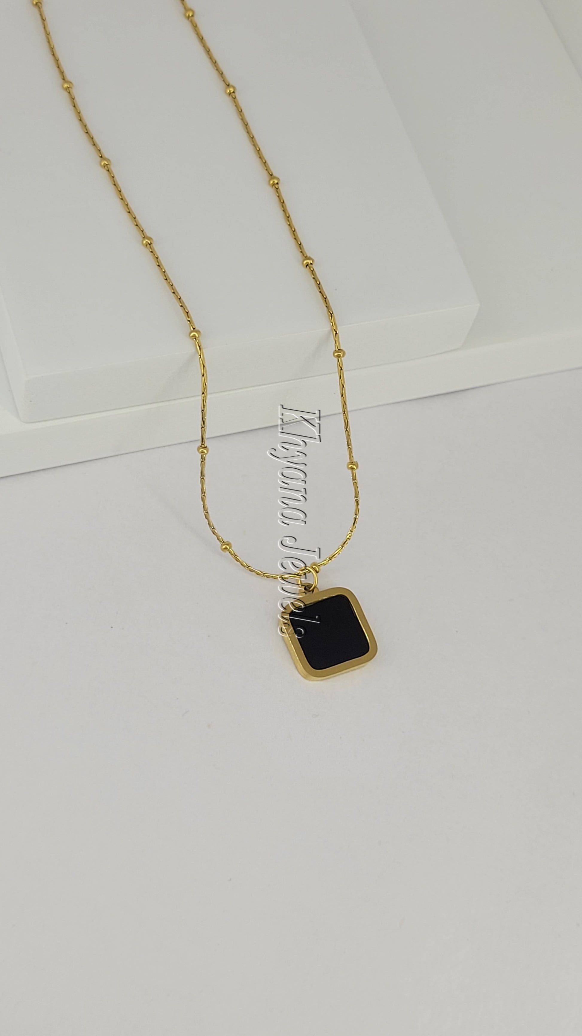 Black Square Pendant Gold Plated Chain Necklace