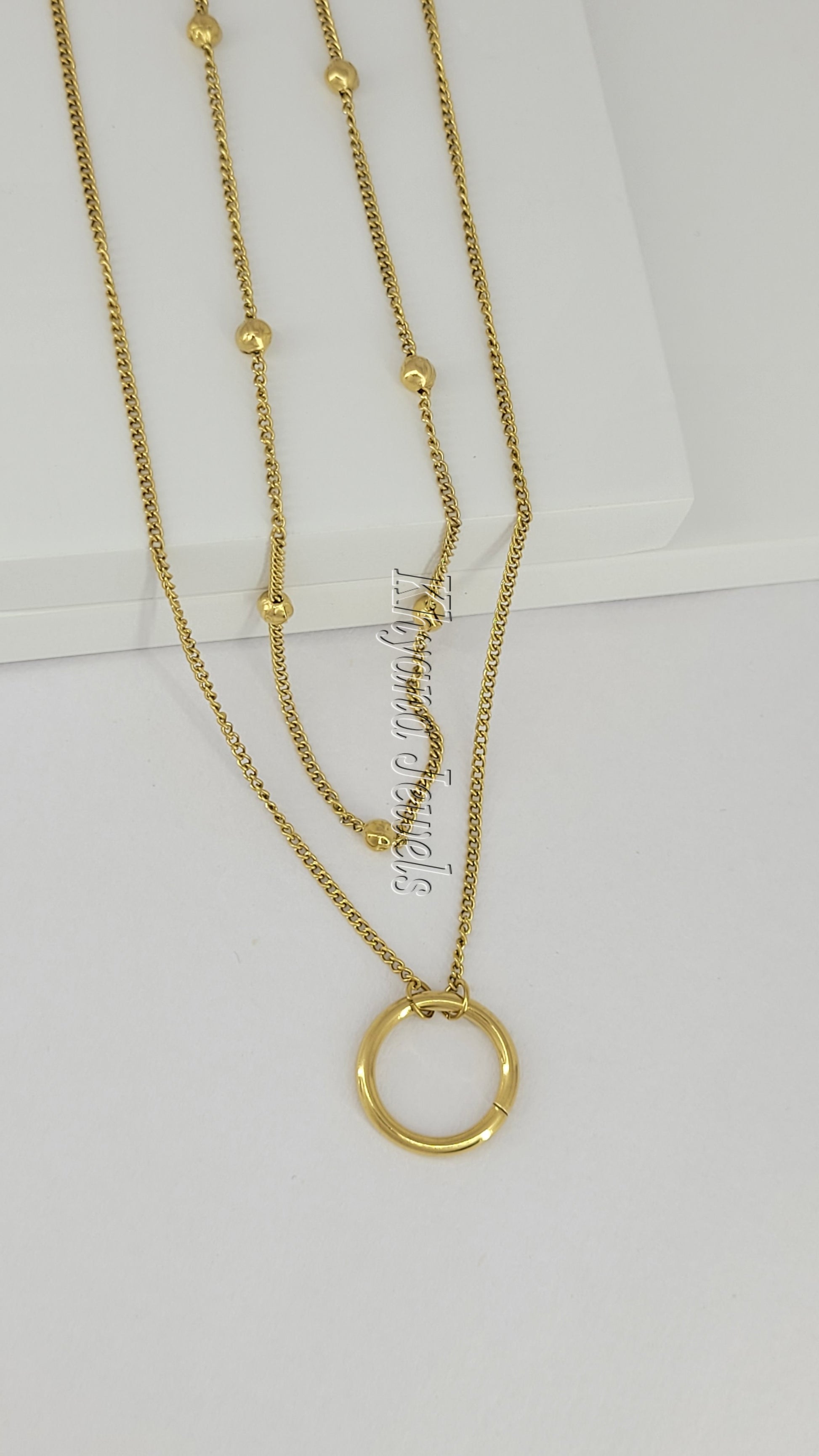 Dual Layer Gold Plated Beaded Circle Pendant Necklace