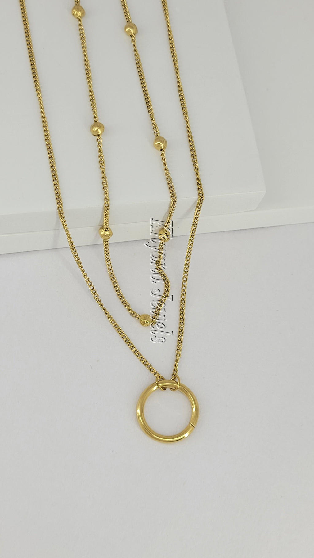 Dual Layer Gold Plated Beaded Circle Pendant Necklace