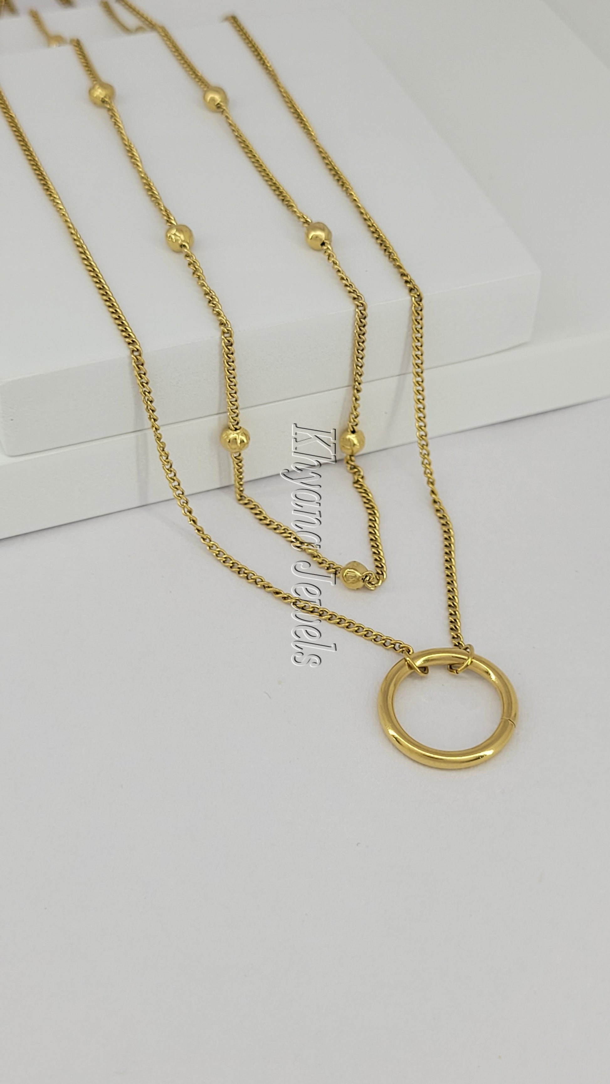 Dual Layer Gold Plated Beaded Circle Pendant Necklace