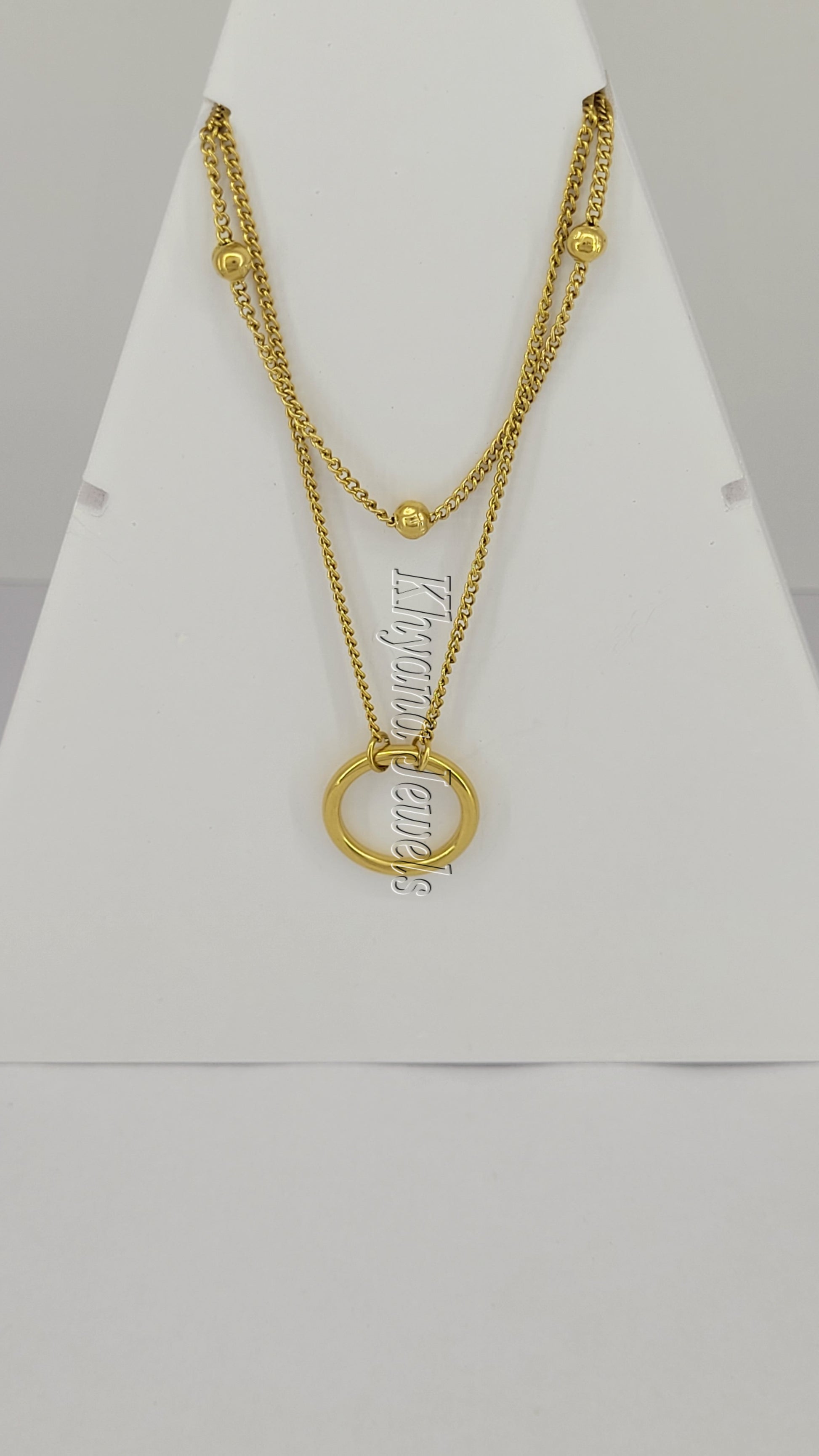 Dual Layer Gold Plated Beaded Circle Pendant Necklace