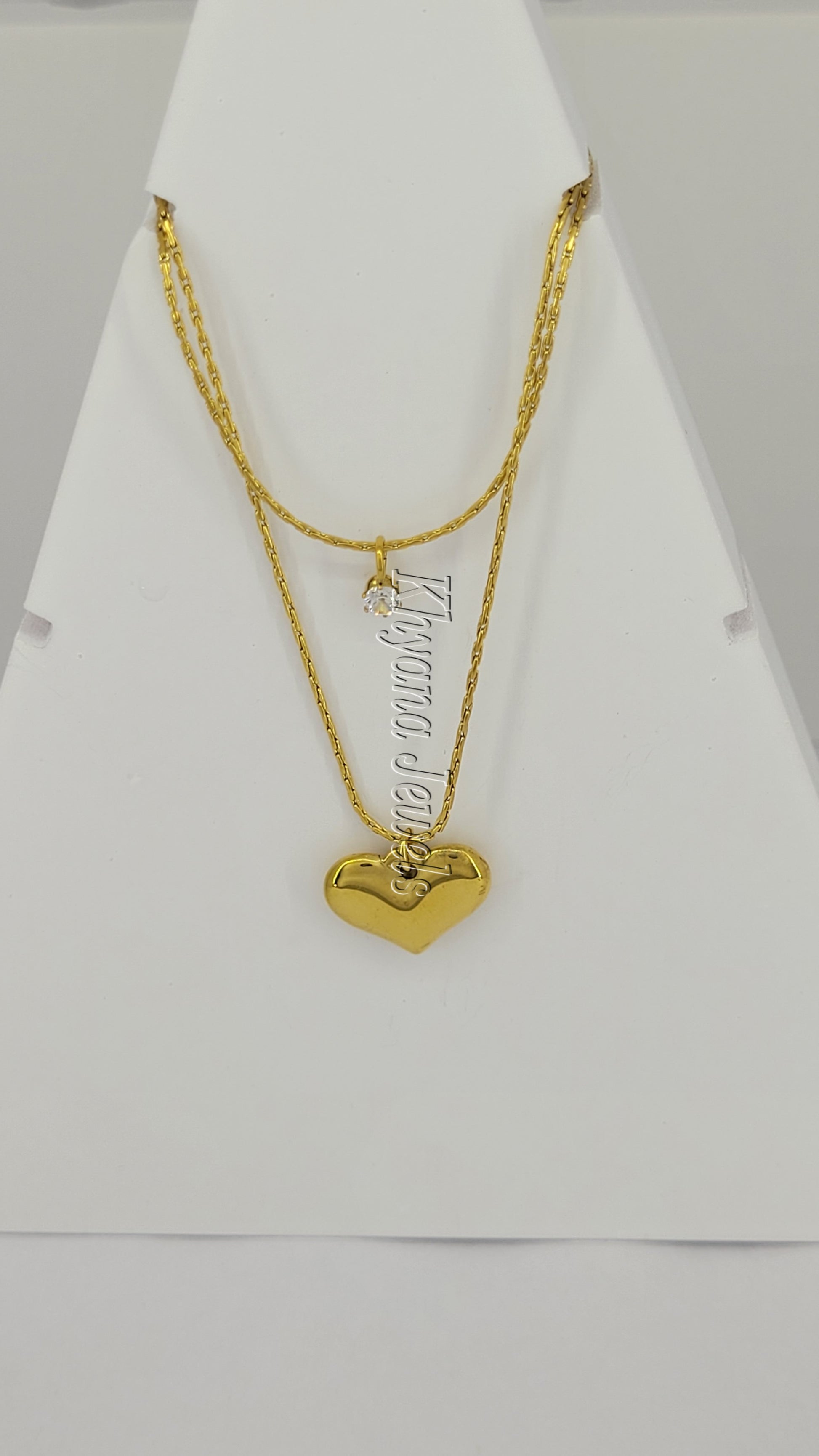 Layered Heart & Solitaire Gold Plated Necklace