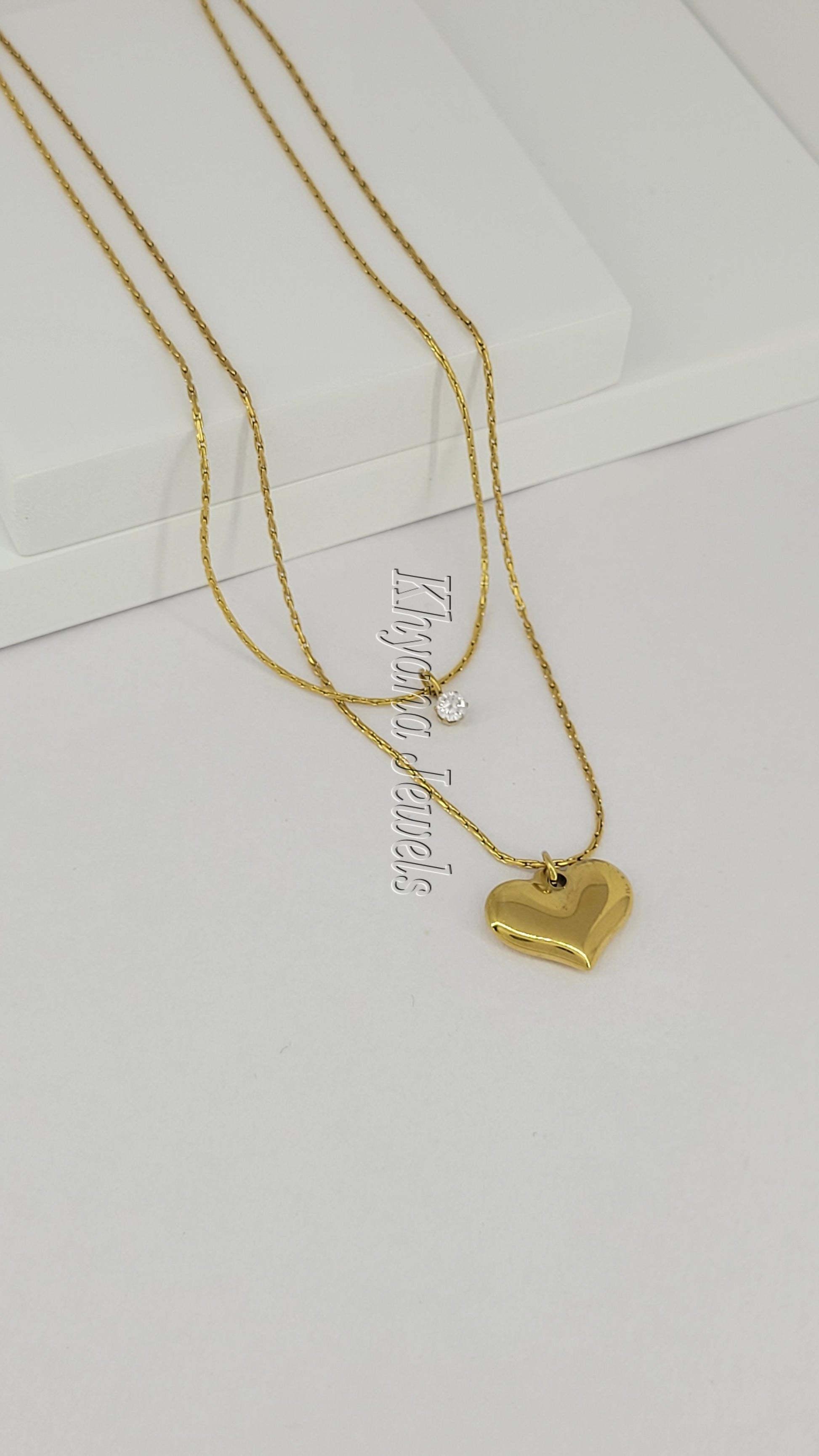 Layered Heart & Solitaire Gold Plated Necklace