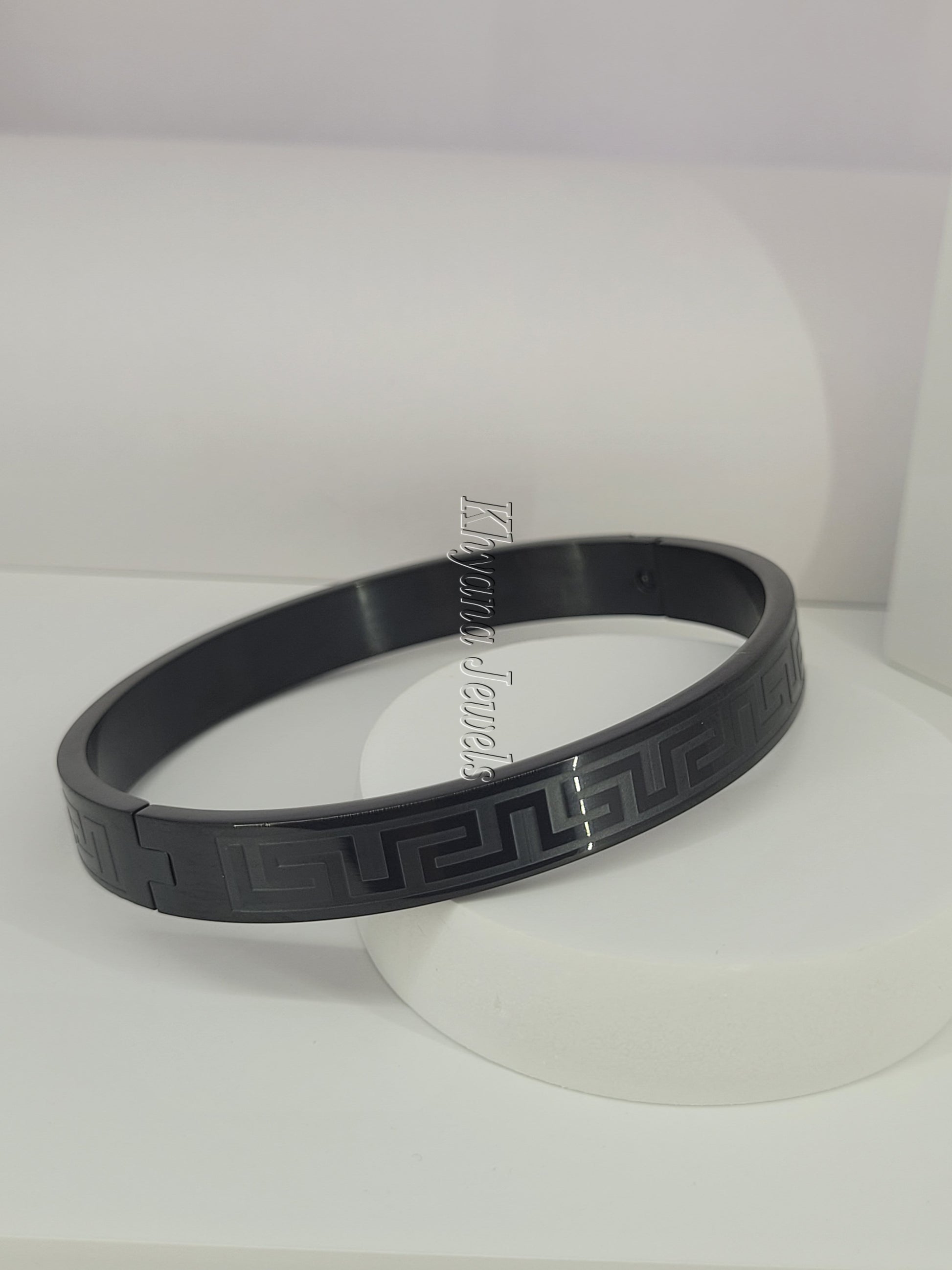 Greek Key Engraved Matte Black Cuff Bracelet for Men