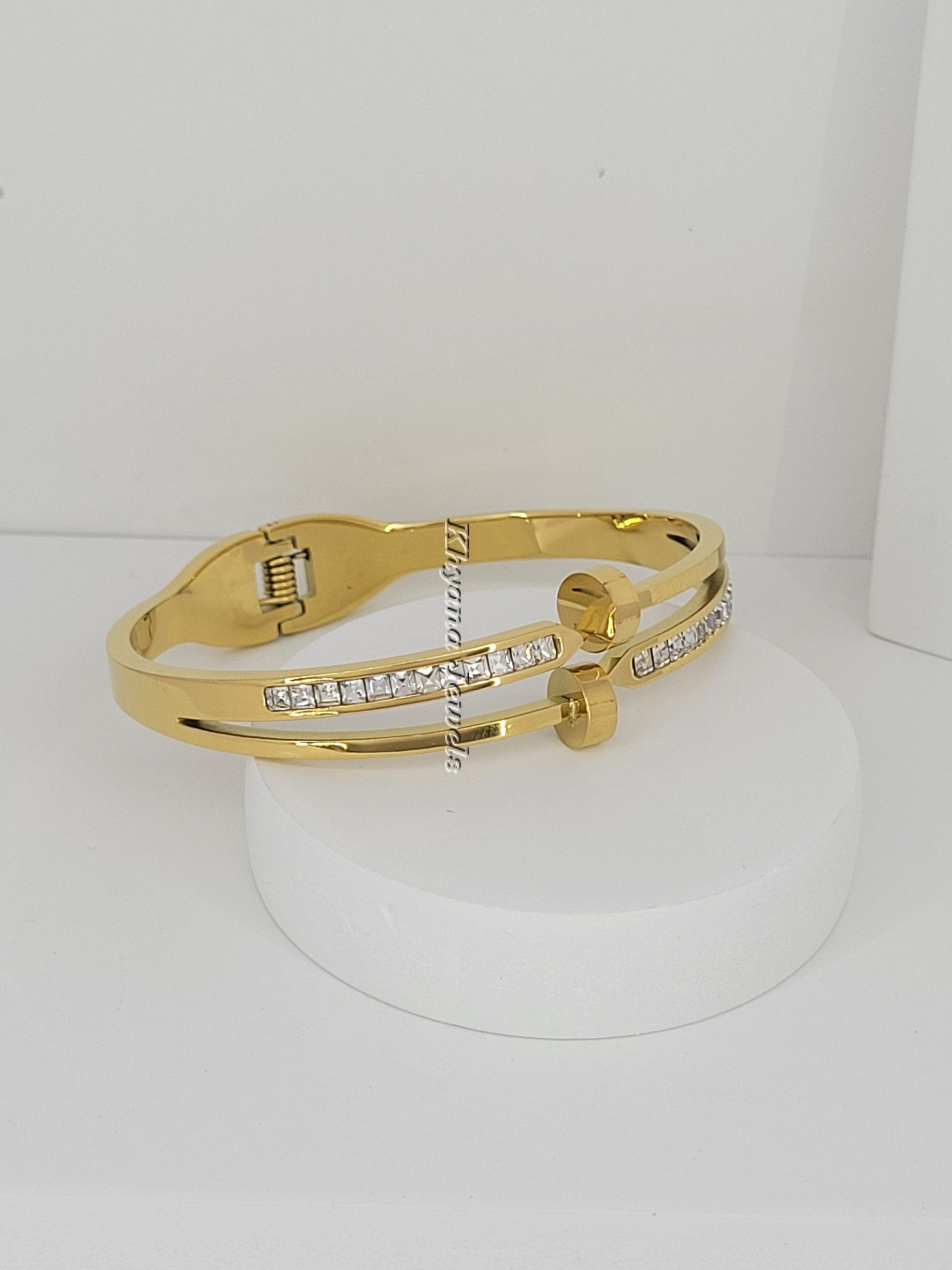 Nail-Inspired Gold Plated Bangle Bracelet with Crystal Lining