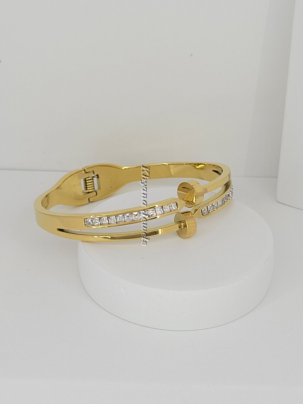 Nail-Inspired Gold Plated Bangle Bracelet with Crystal Lining
