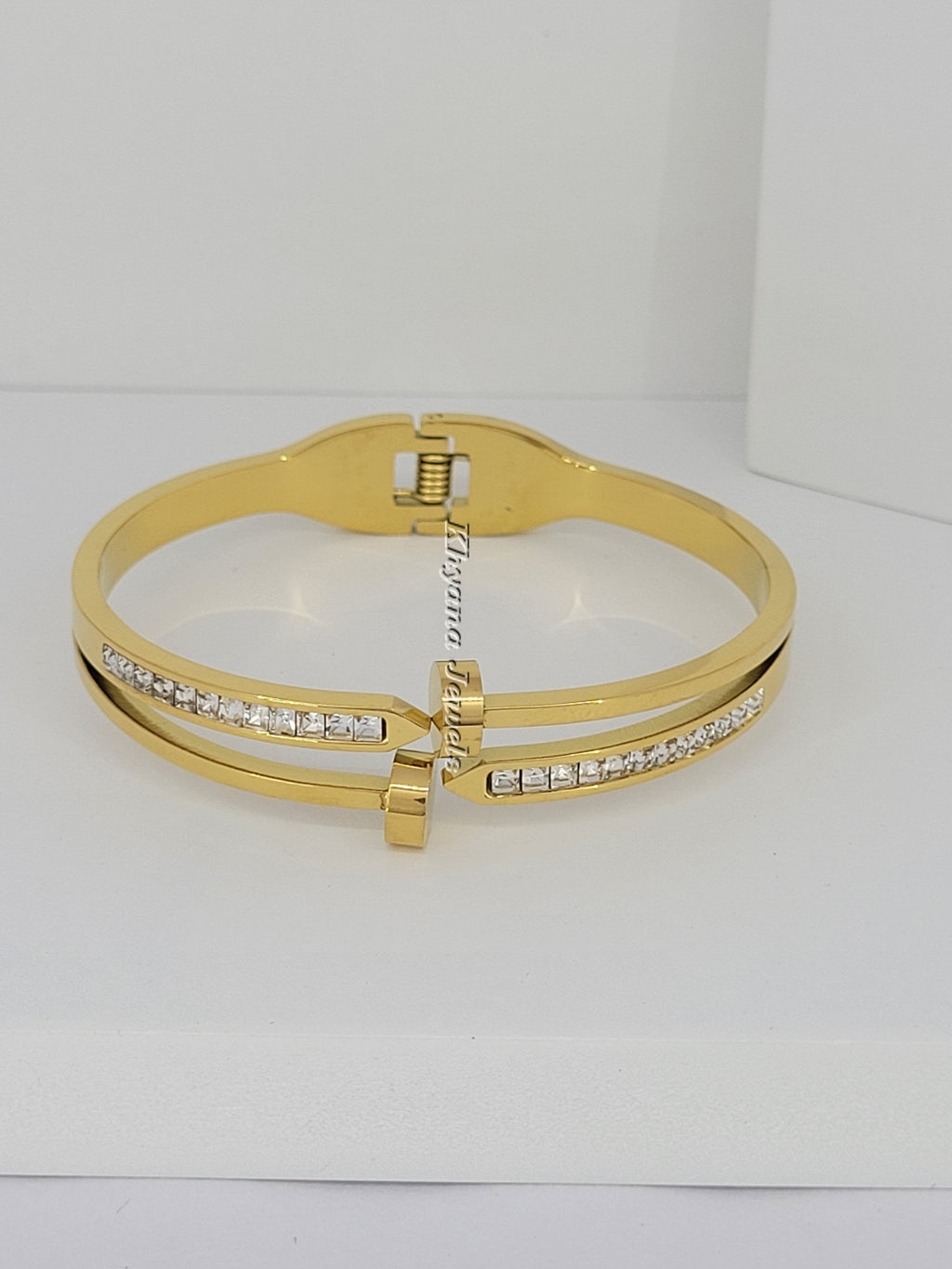 Nail-Inspired Gold Plated Bangle Bracelet with Crystal Lining