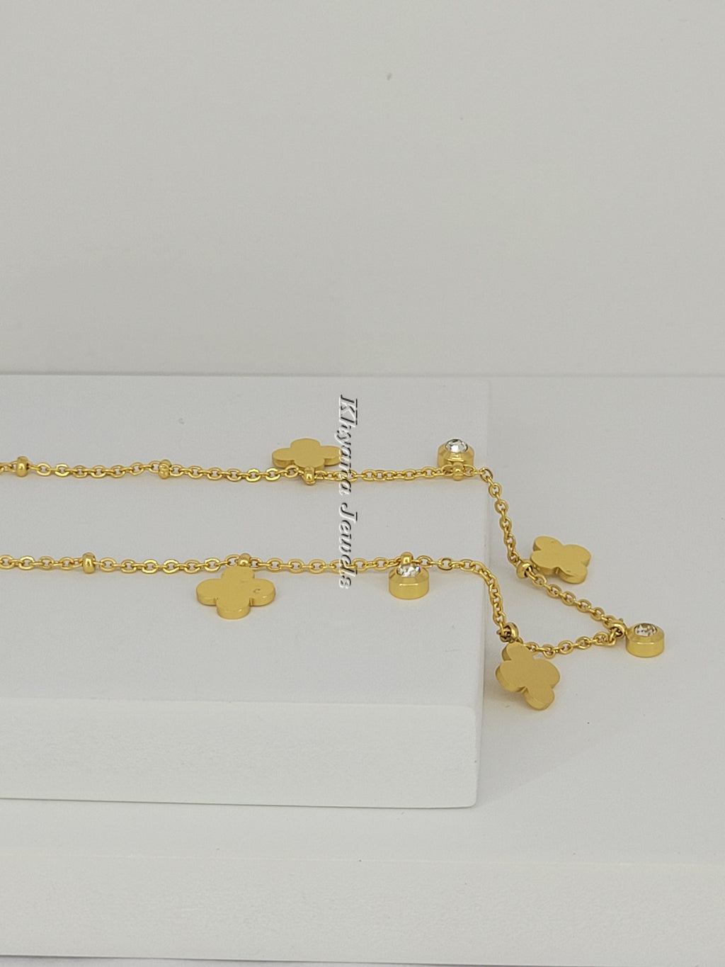 Gold Clover Charm Anklet with Sparkling Stones