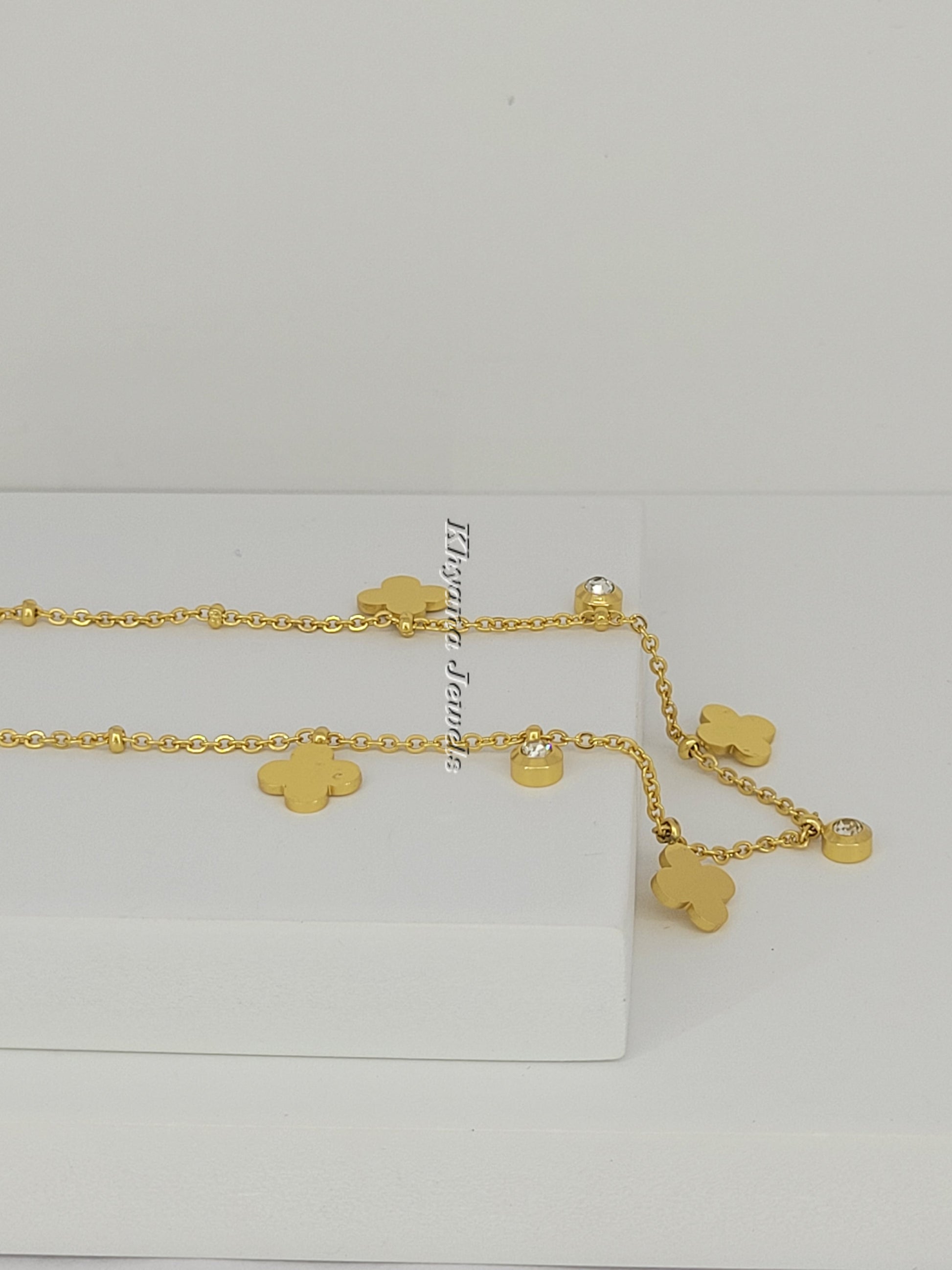 Gold Clover Charm Anklet with Sparkling Stones