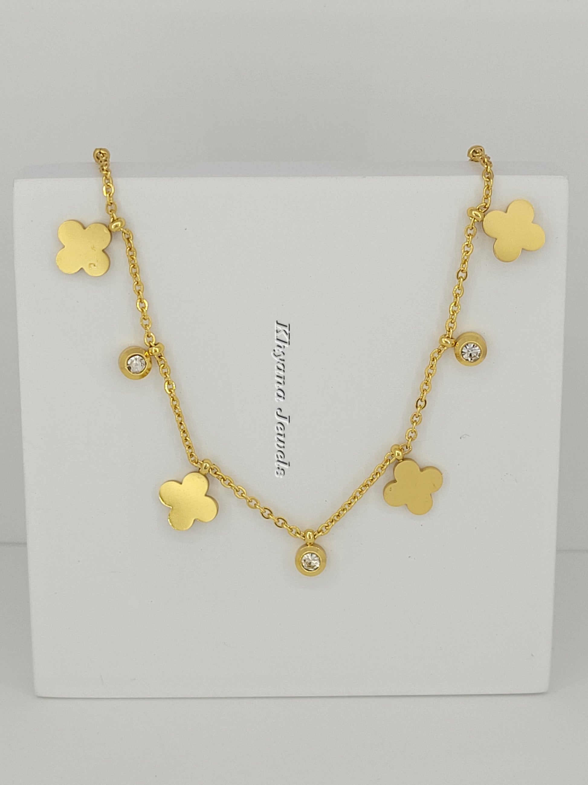 Gold Clover Charm Anklet with Sparkling Stones