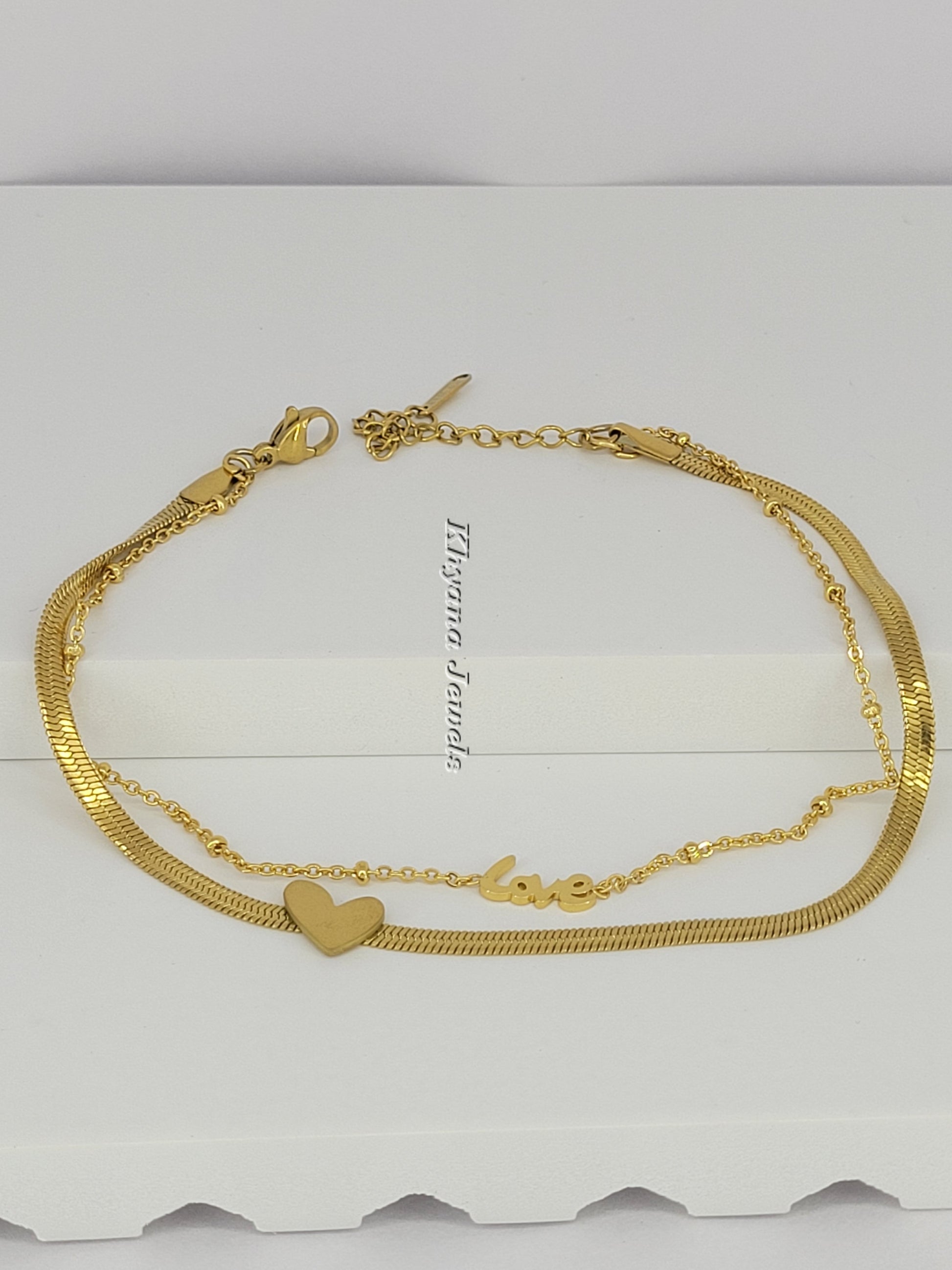 Dual Layer Gold Anklet with Heart & Love Charm