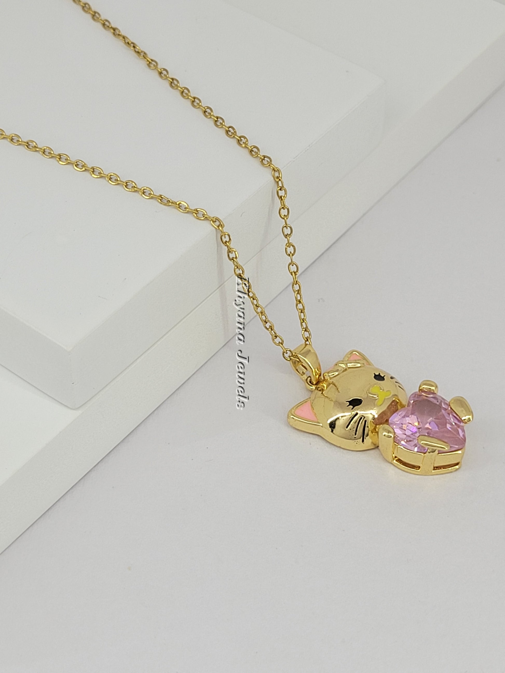 Cat Pendant Necklace with Pink Heart Stone