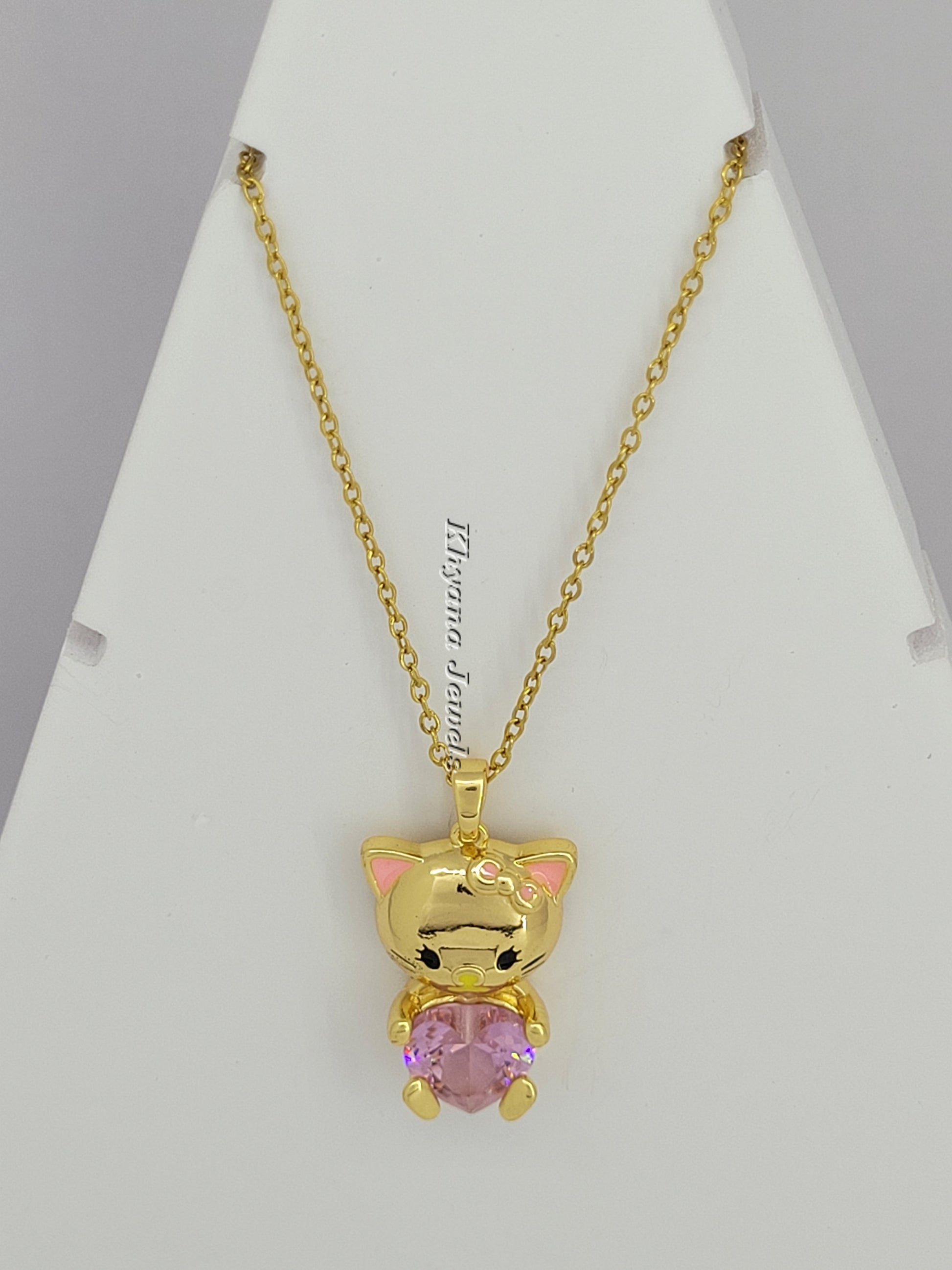 Cat Pendant Necklace with Pink Heart Stone