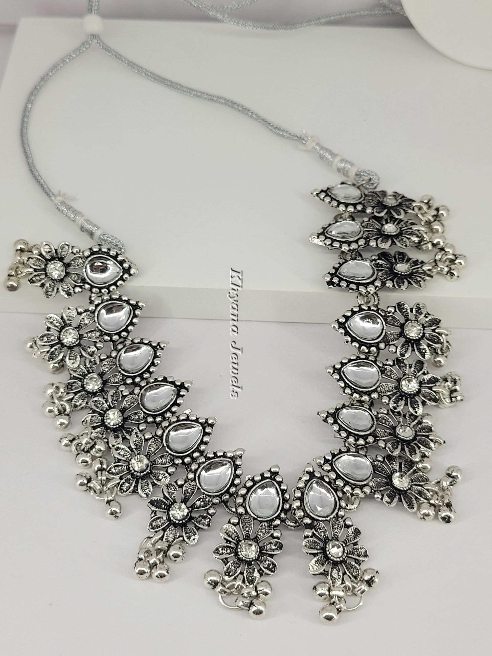 Oxidised Silver Floral Mirror Necklace