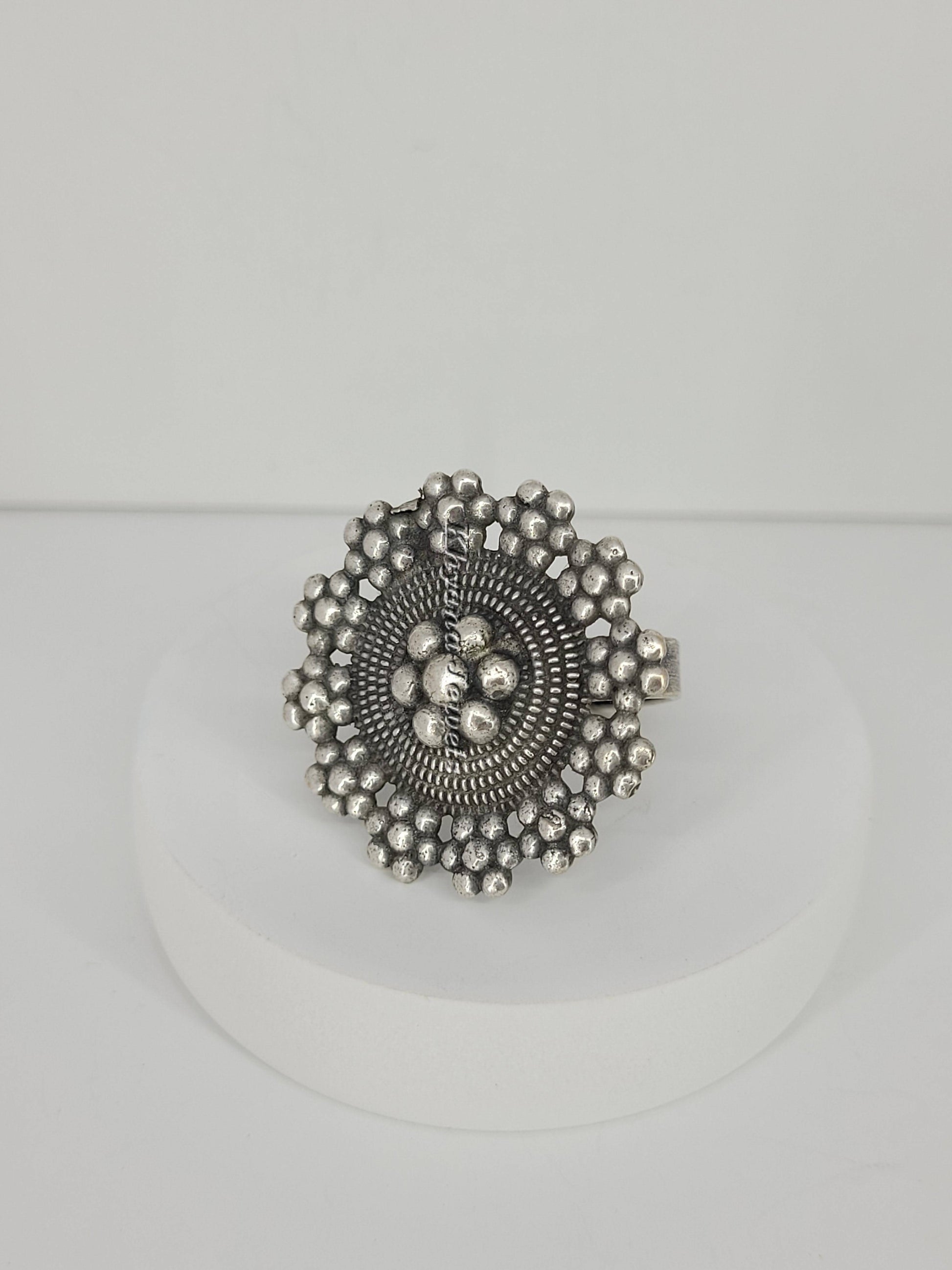 Antique Oxidised Silver Floral Cluster Ring