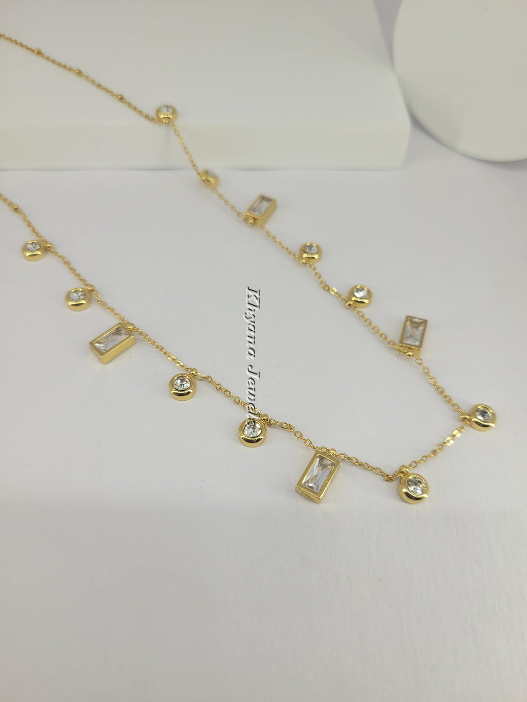 Rectangle & Round Stone Charm Necklace