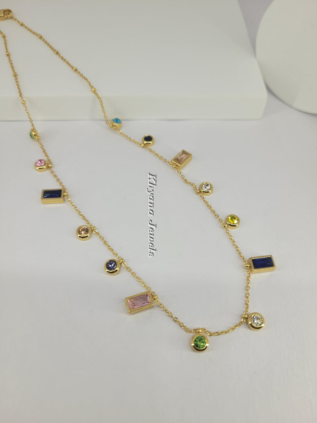 Rectangle & Round Stone Charm Colourful Necklace