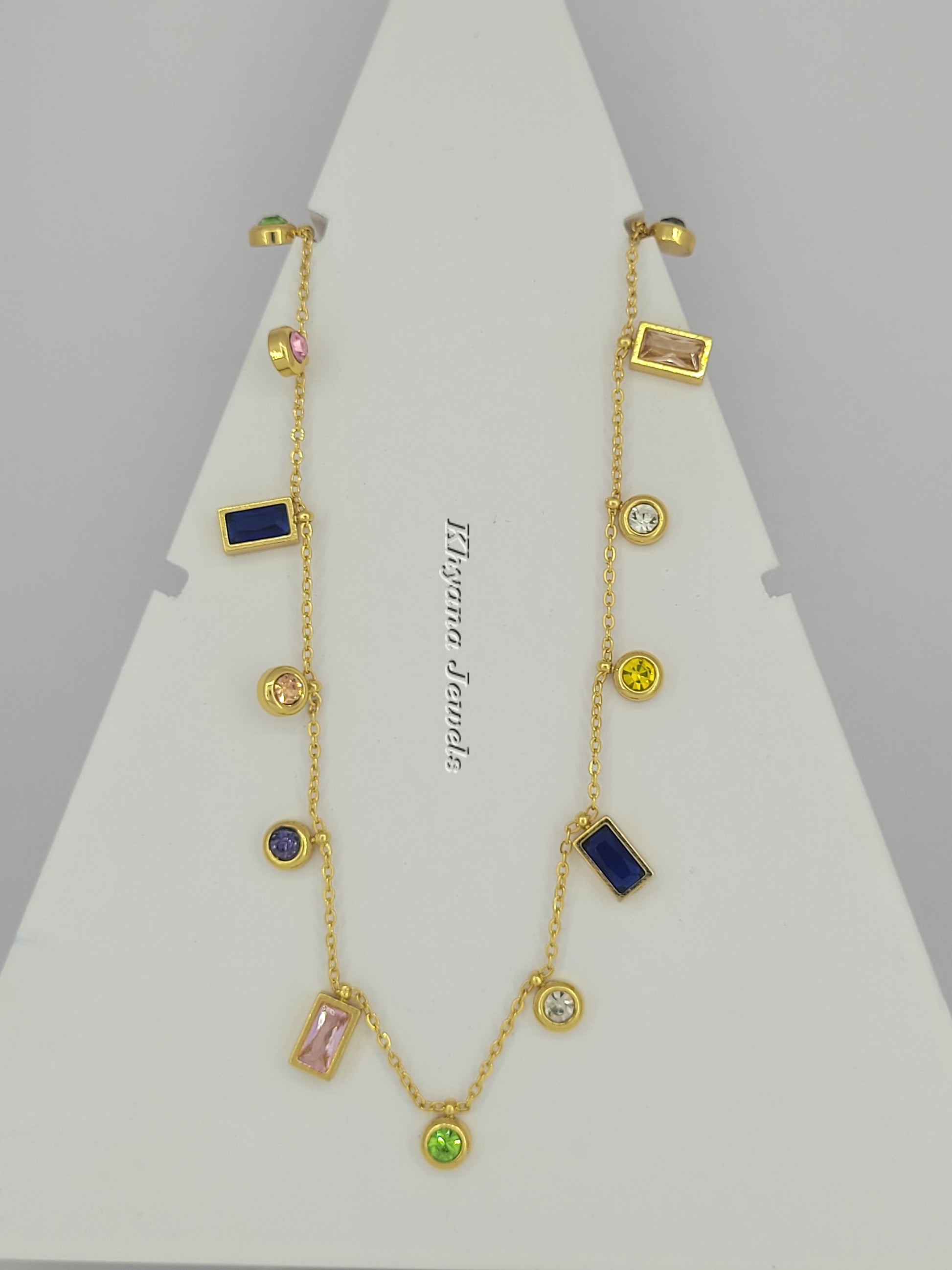 Rectangle & Round Stone Charm Colourful Necklace